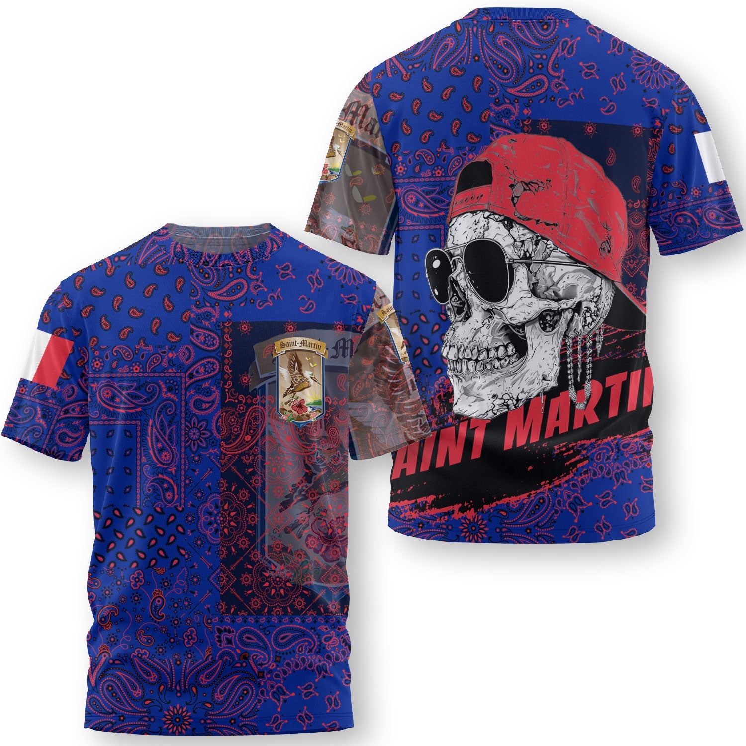 Saint Martin T Shirt Paisley Flag And Skull Style 3