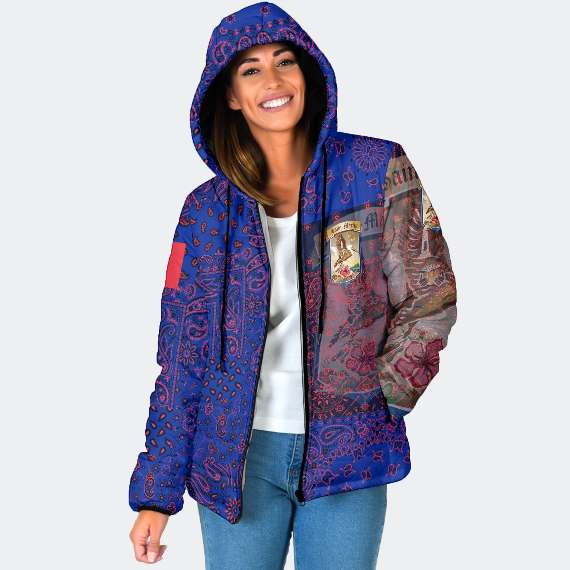 Saint Martin Women Hooded Padded Jacket Paisley Flag And Skull Style 1