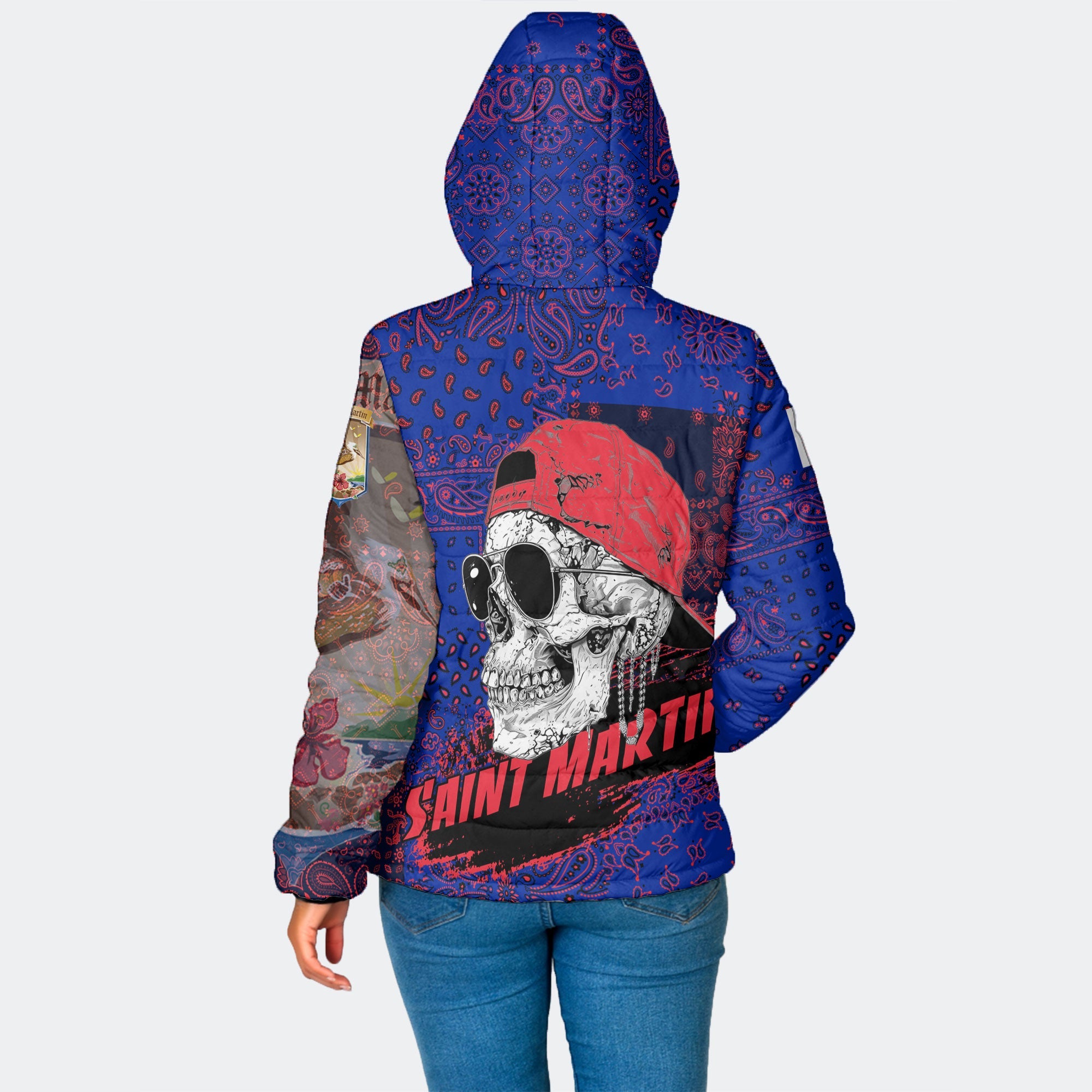 Saint Martin Women Hooded Padded Jacket Paisley Flag And Skull Style 2