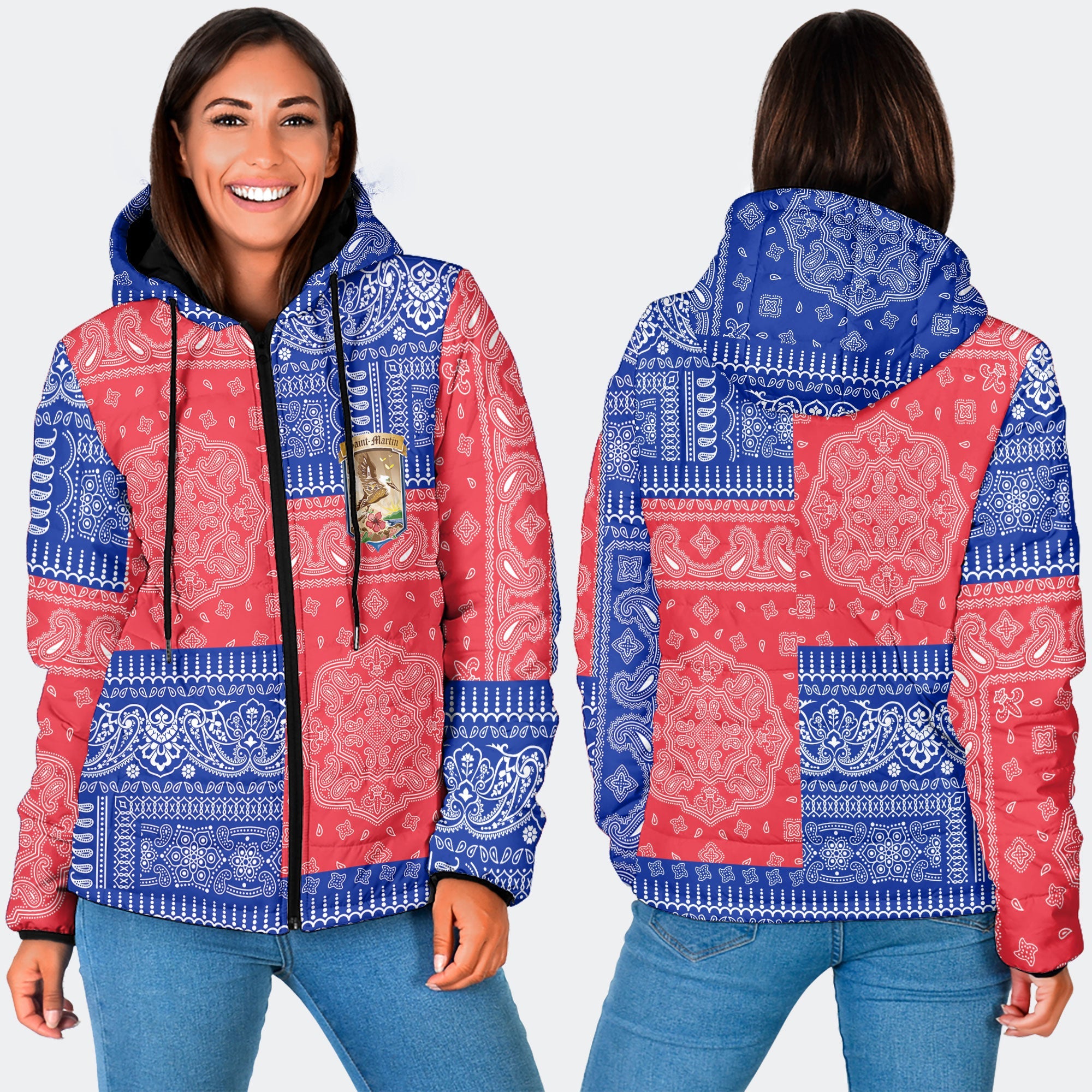 Saint Martin Women Hooded Padded Jacket Flag And Paisley Basic Style 3