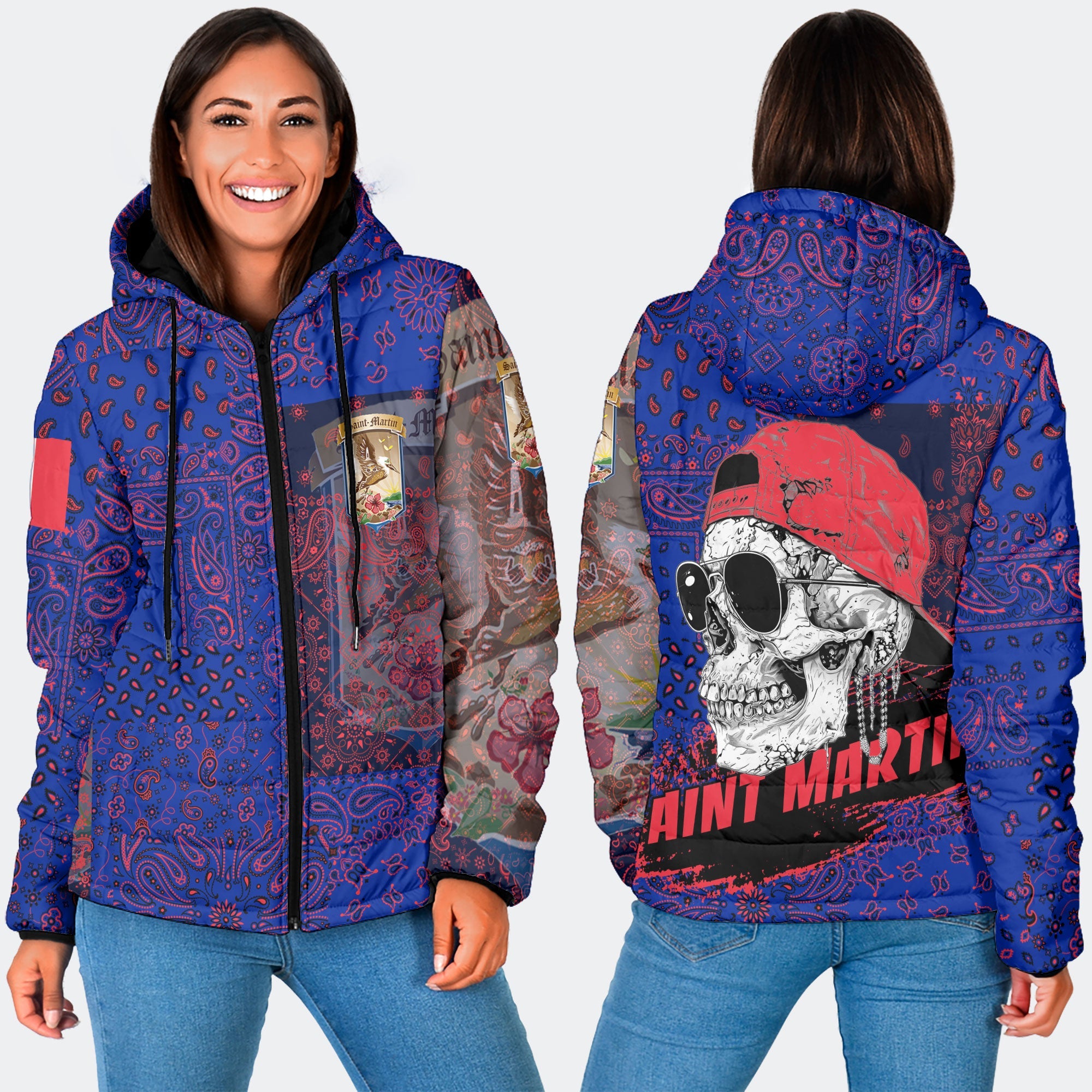 Saint Martin Women Hooded Padded Jacket Paisley Flag And Skull Style 3