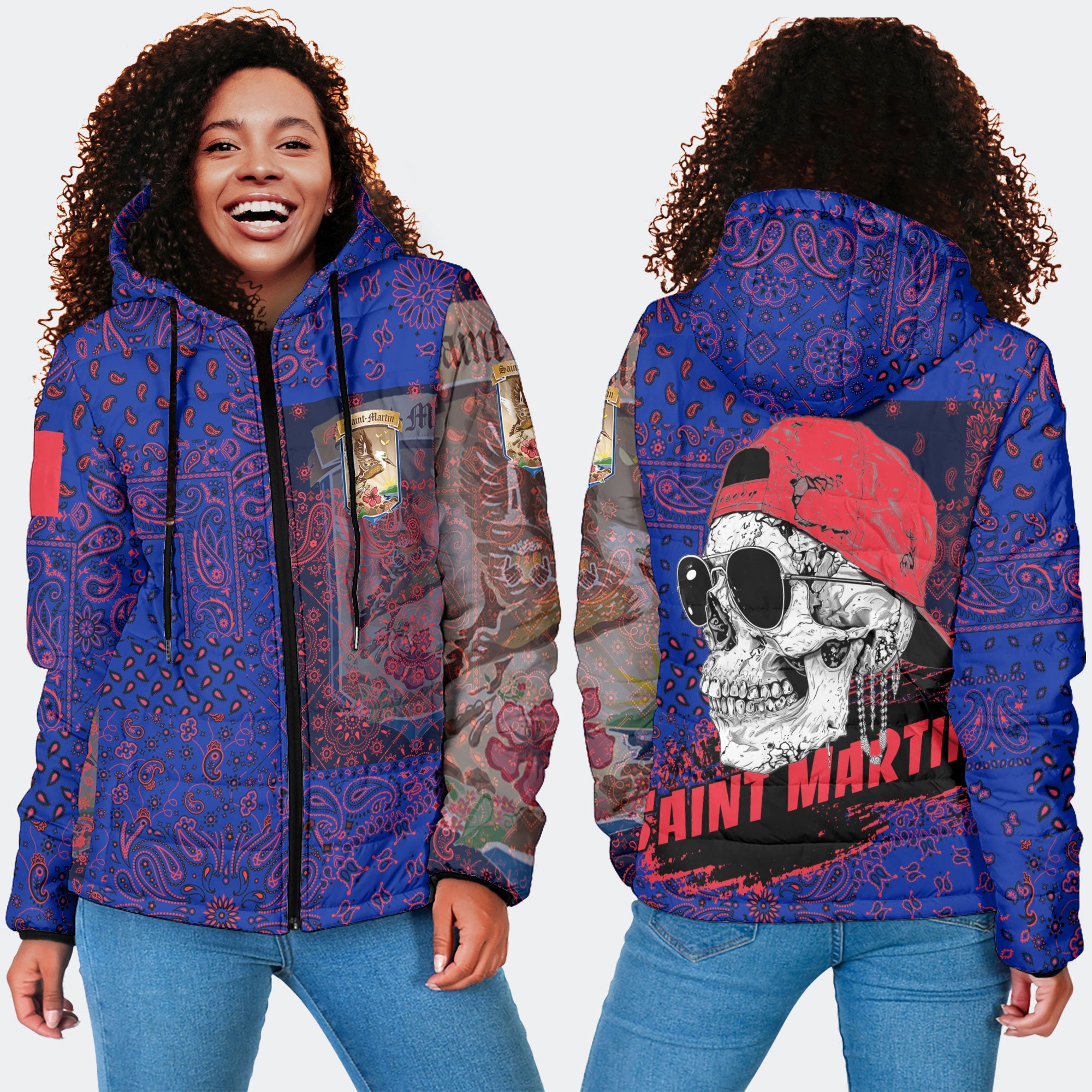 Saint Martin Women Hooded Padded Jacket Paisley Flag And Skull Style 4