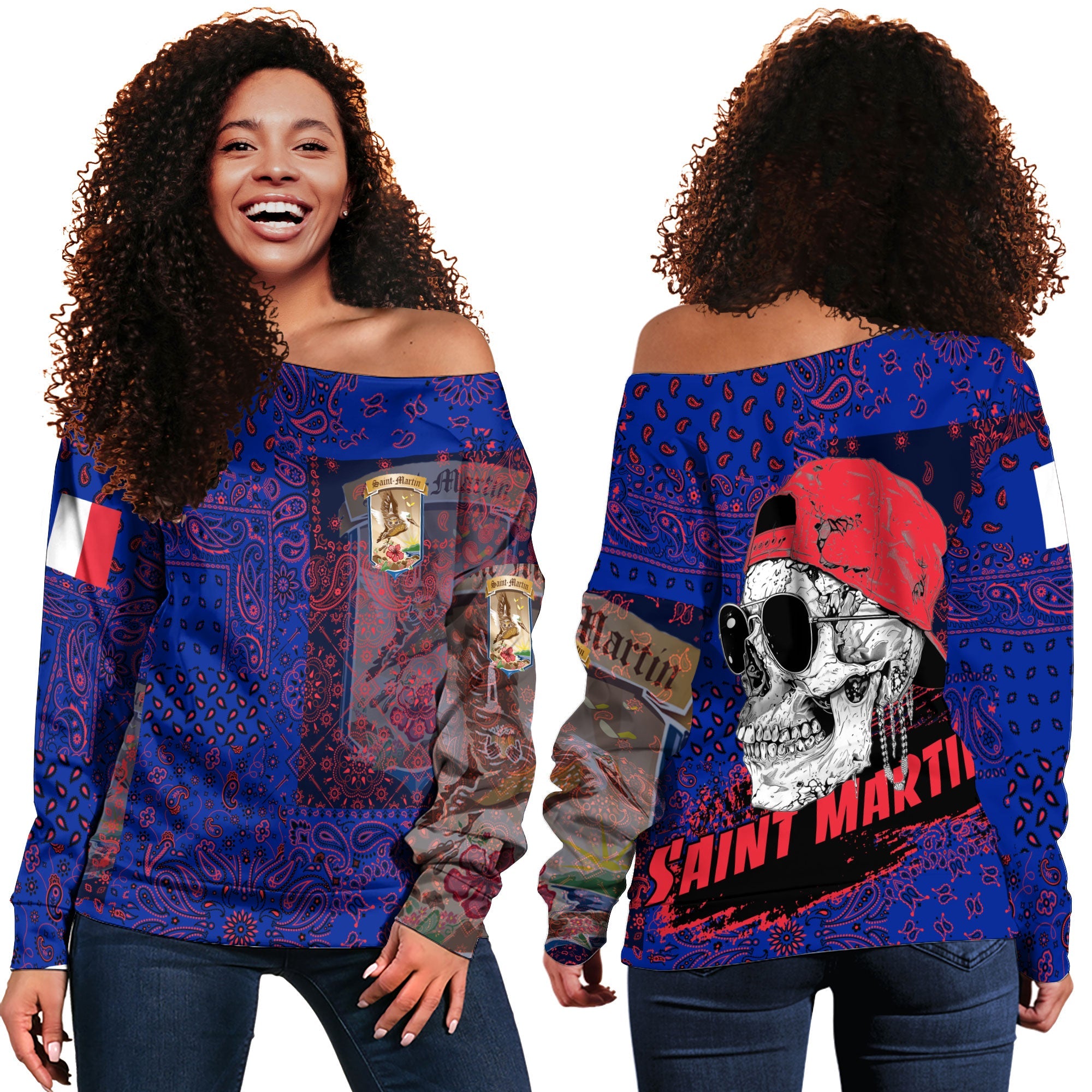 Saint Martin Women Off Shoulder Sweatshirt Paisley Flag And Skull Style 1