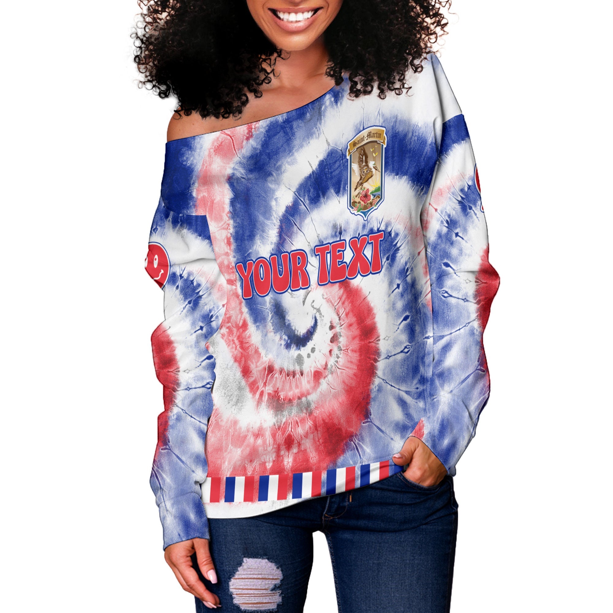 Saint Martin Women Off Shoulder Sweatshirt Custom Tie Dye Style 3