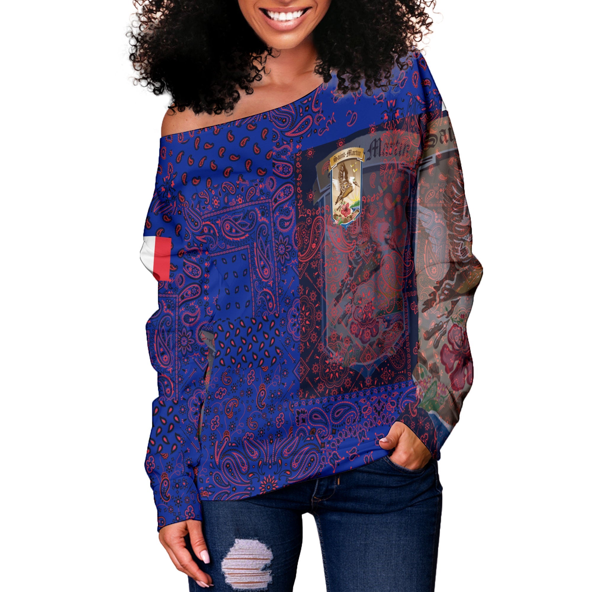 Saint Martin Women Off Shoulder Sweatshirt Paisley Flag And Skull Style 2