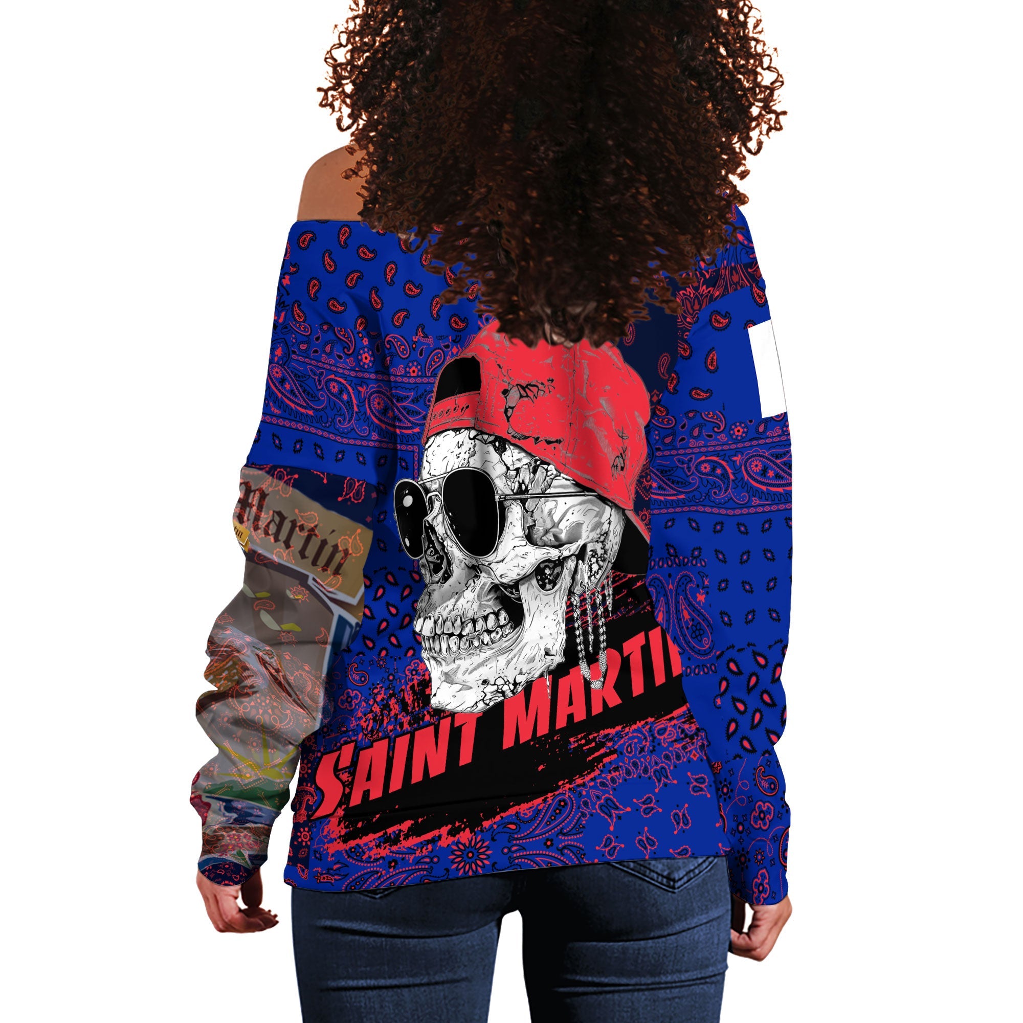 Saint Martin Women Off Shoulder Sweatshirt Paisley Flag And Skull Style 3