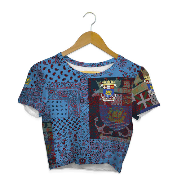 Saint Pierre And Miquelon Croptop T Shirt Paisley Flag And Skull Style 1