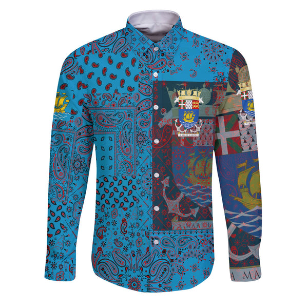 Saint Pierre And Miquelon Long Sleeve Button Shirt Paisley Flag And Skull Style 1