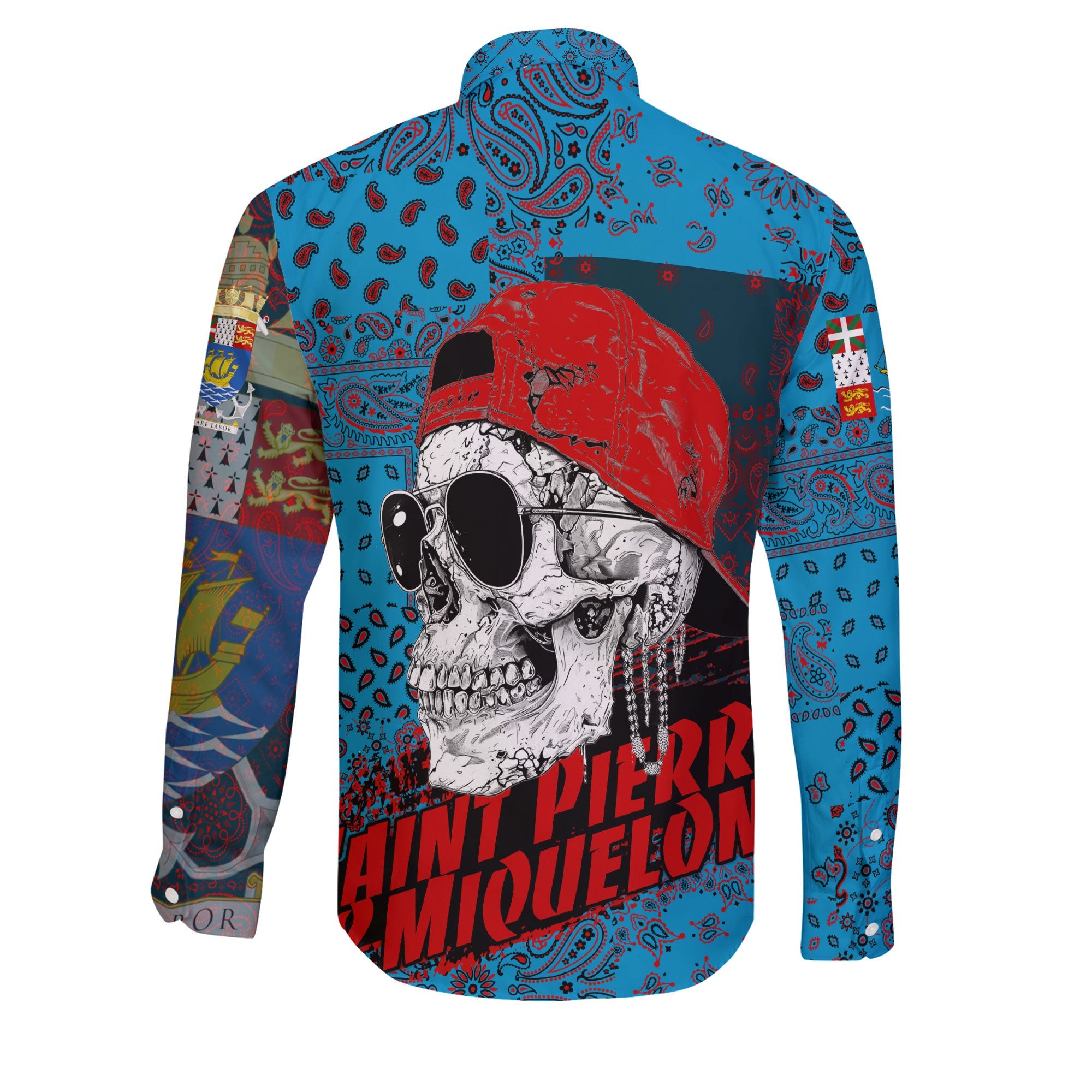 Saint Pierre And Miquelon Long Sleeve Button Shirt Paisley Flag And Skull Style 2