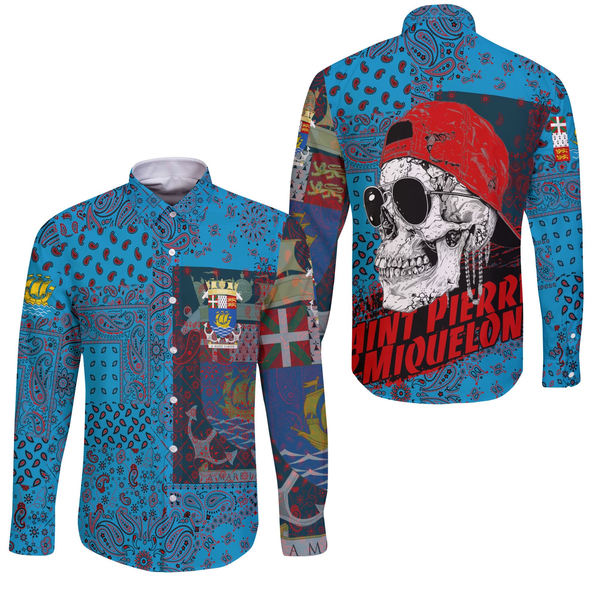 Saint Pierre And Miquelon Long Sleeve Button Shirt Paisley Flag And Skull Style 3