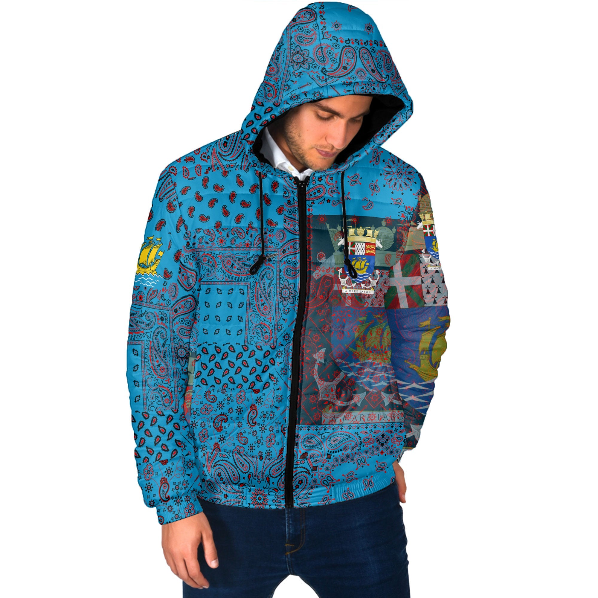 Saint Pierre And Miquelon Men Hooded Padded Jacket Paisley Flag And Skull Style 2