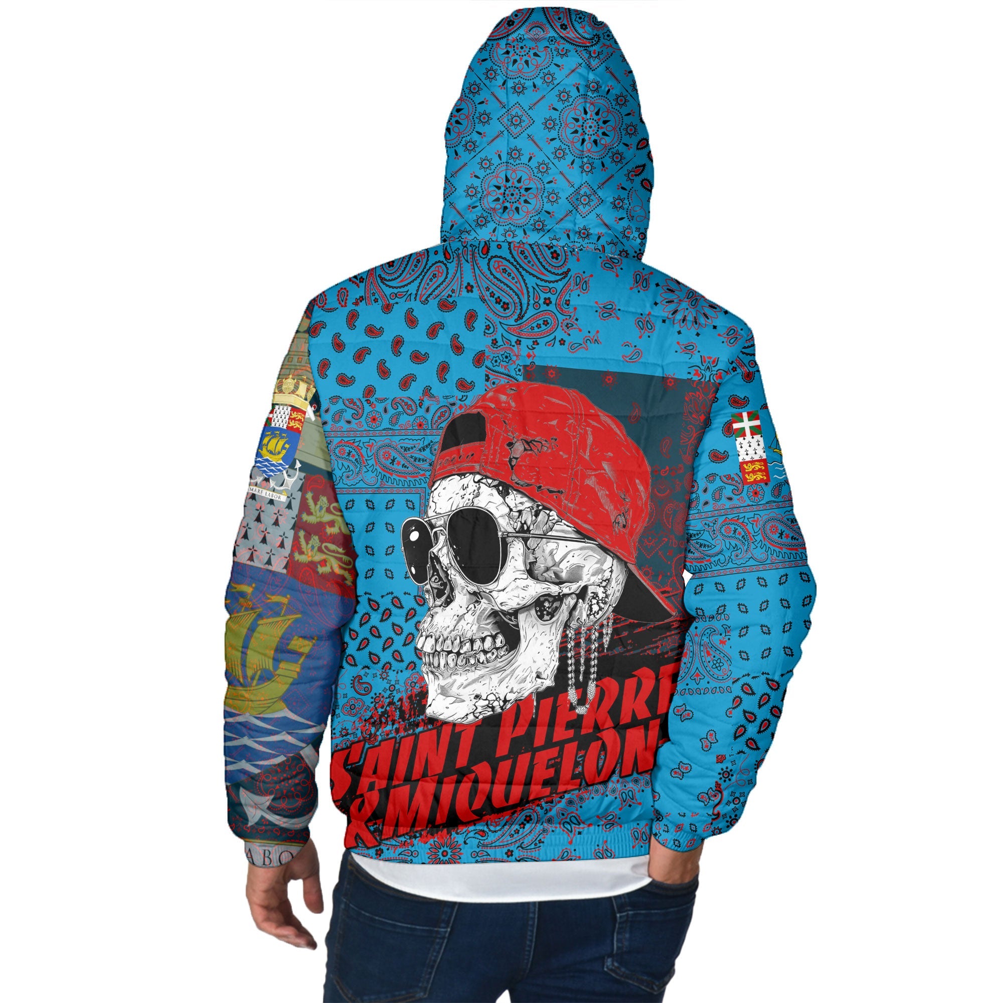 Saint Pierre And Miquelon Men Hooded Padded Jacket Paisley Flag And Skull Style 3