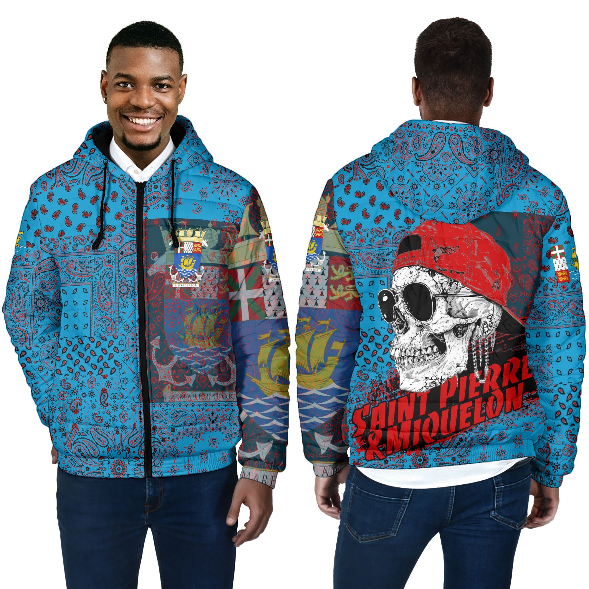 Saint Pierre And Miquelon Men Hooded Padded Jacket Paisley Flag And Skull Style 4