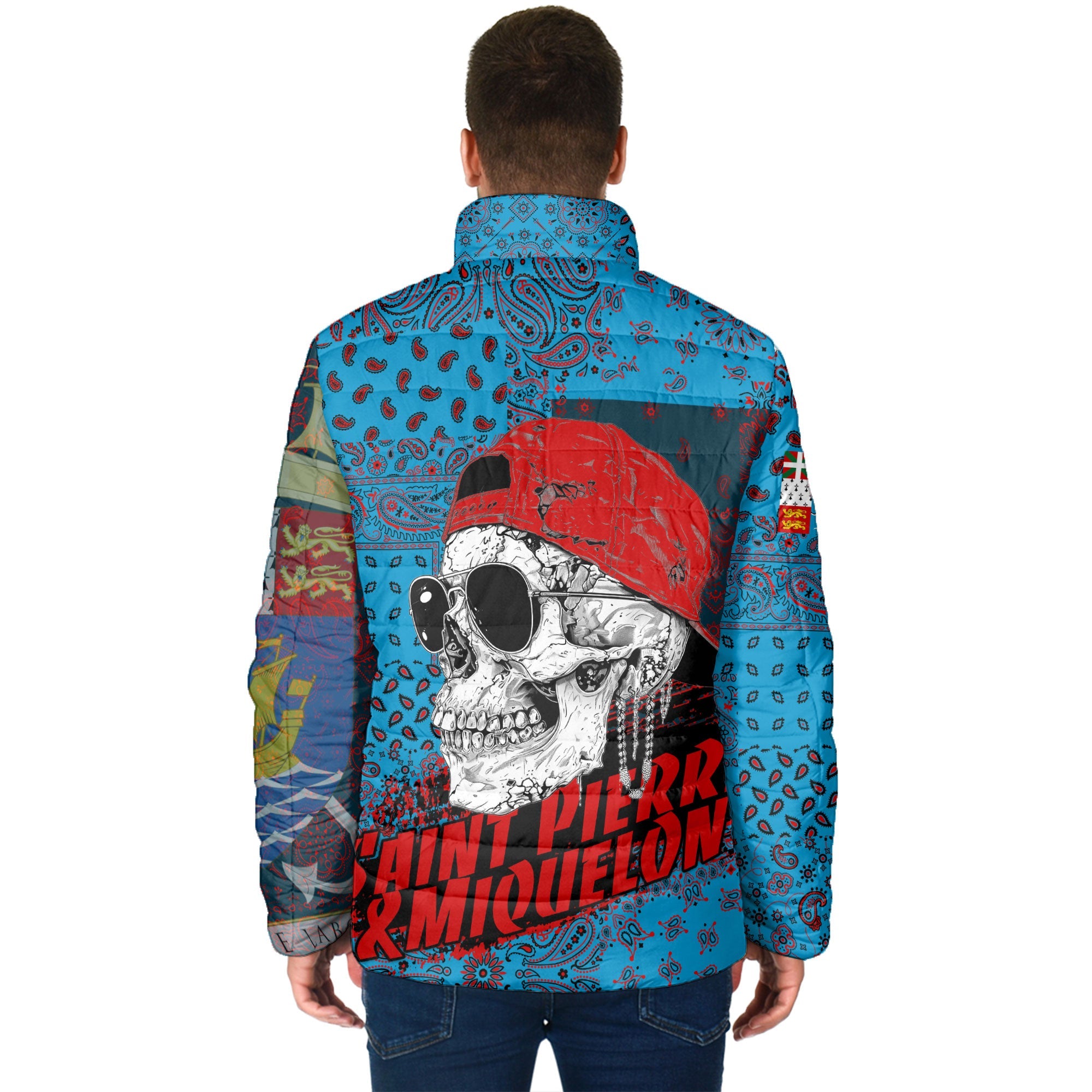 Saint Pierre And Miquelon Men Padded Jacket Paisley Flag And Skull Style 2