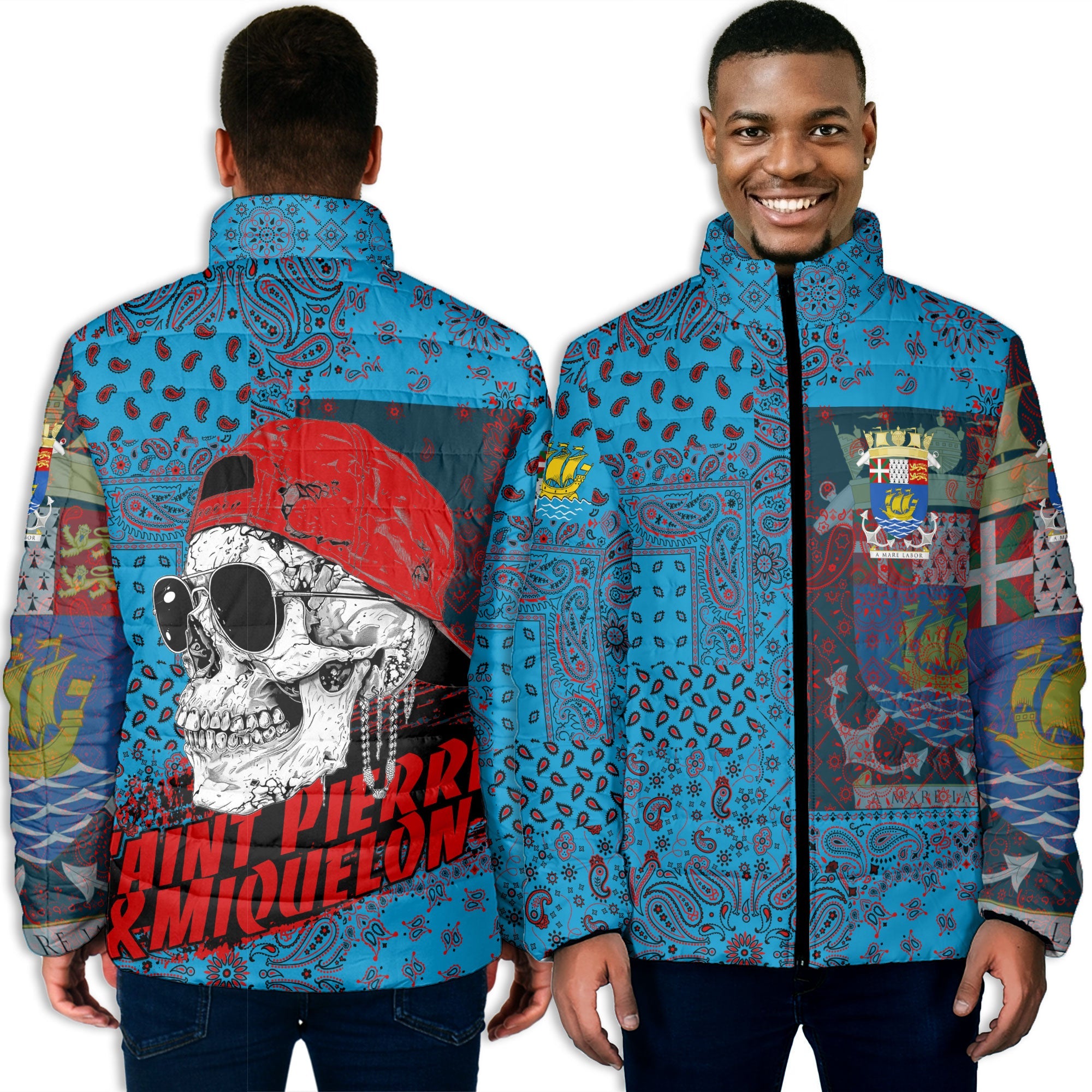 Saint Pierre And Miquelon Men Padded Jacket Paisley Flag And Skull Style 3