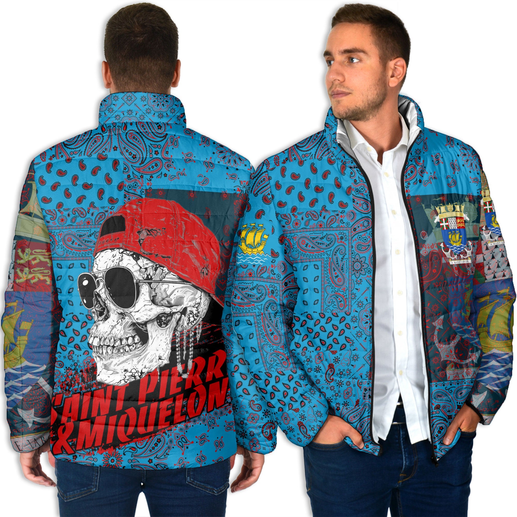 Saint Pierre And Miquelon Men Padded Jacket Paisley Flag And Skull Style 4