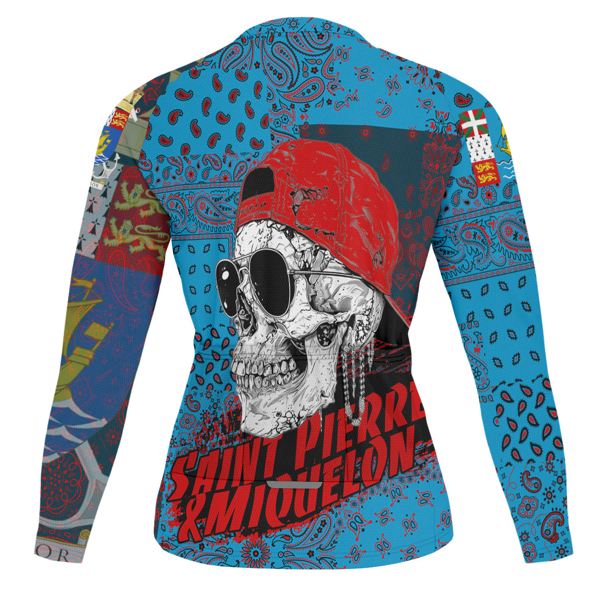 Saint Pierre And Miquelon Raglan Men Cycling Jersey Long Sleeve Paisley Flag And Skull Style 2