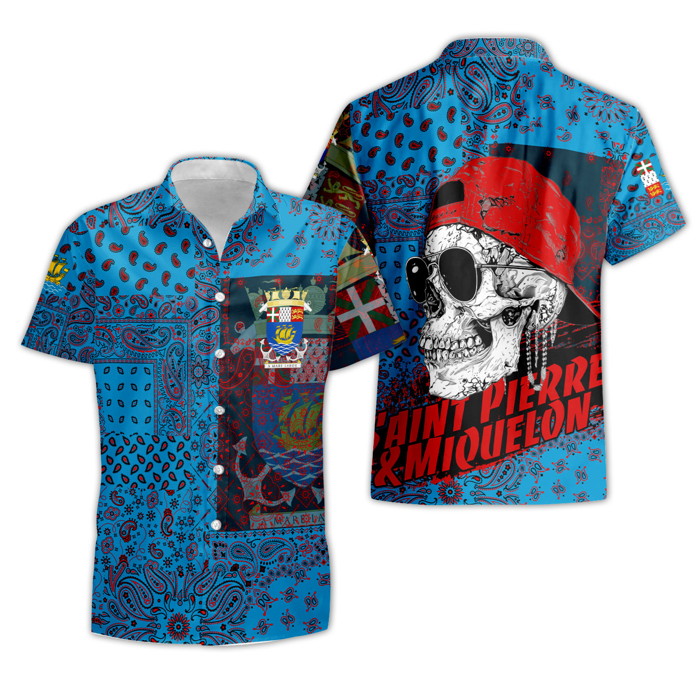 Saint Pierre And Miquelon Short Sleeve Shirt Paisley Flag And Skull Style 3