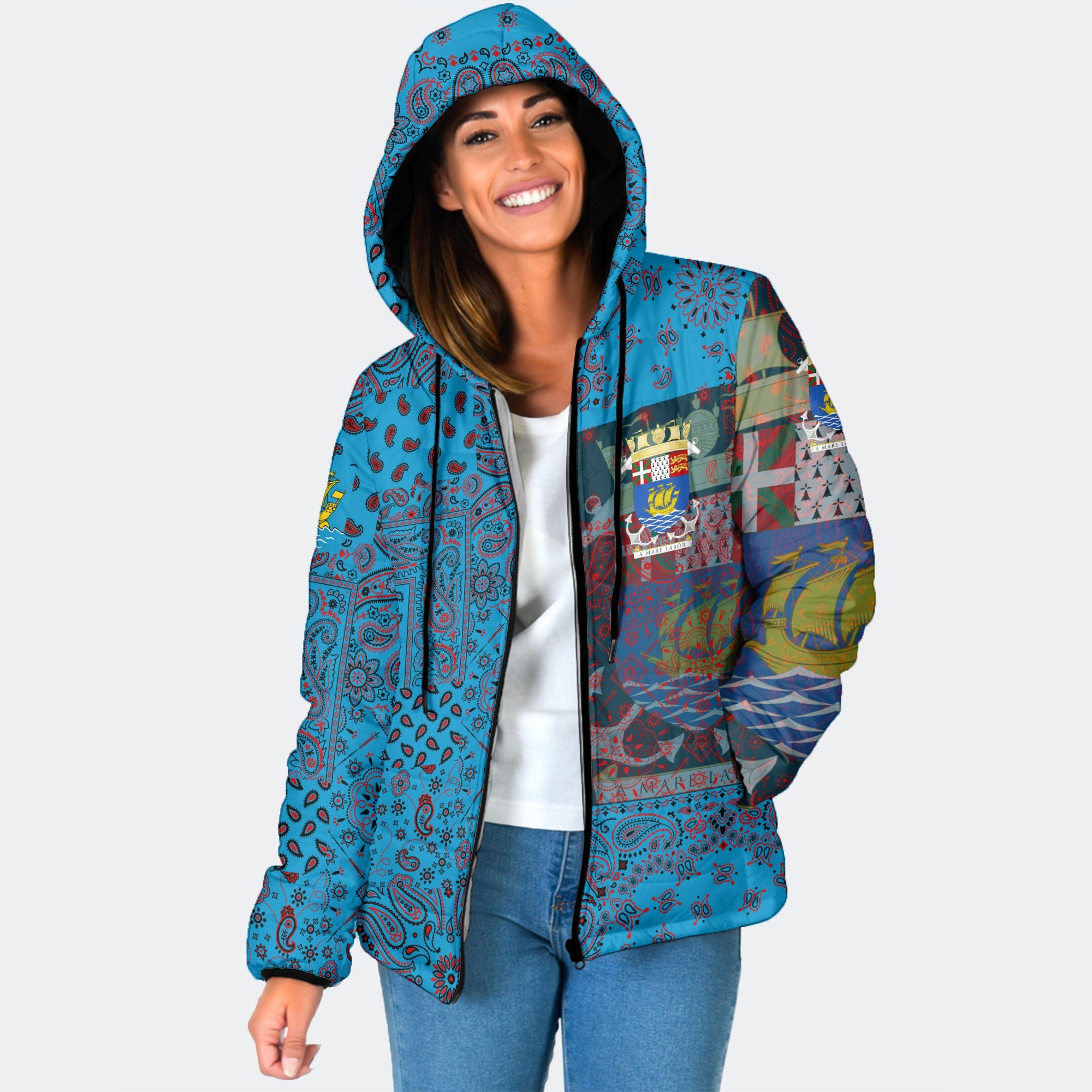 Saint Pierre And Miquelon Women Hooded Padded Jacket Paisley Flag And Skull Style 1