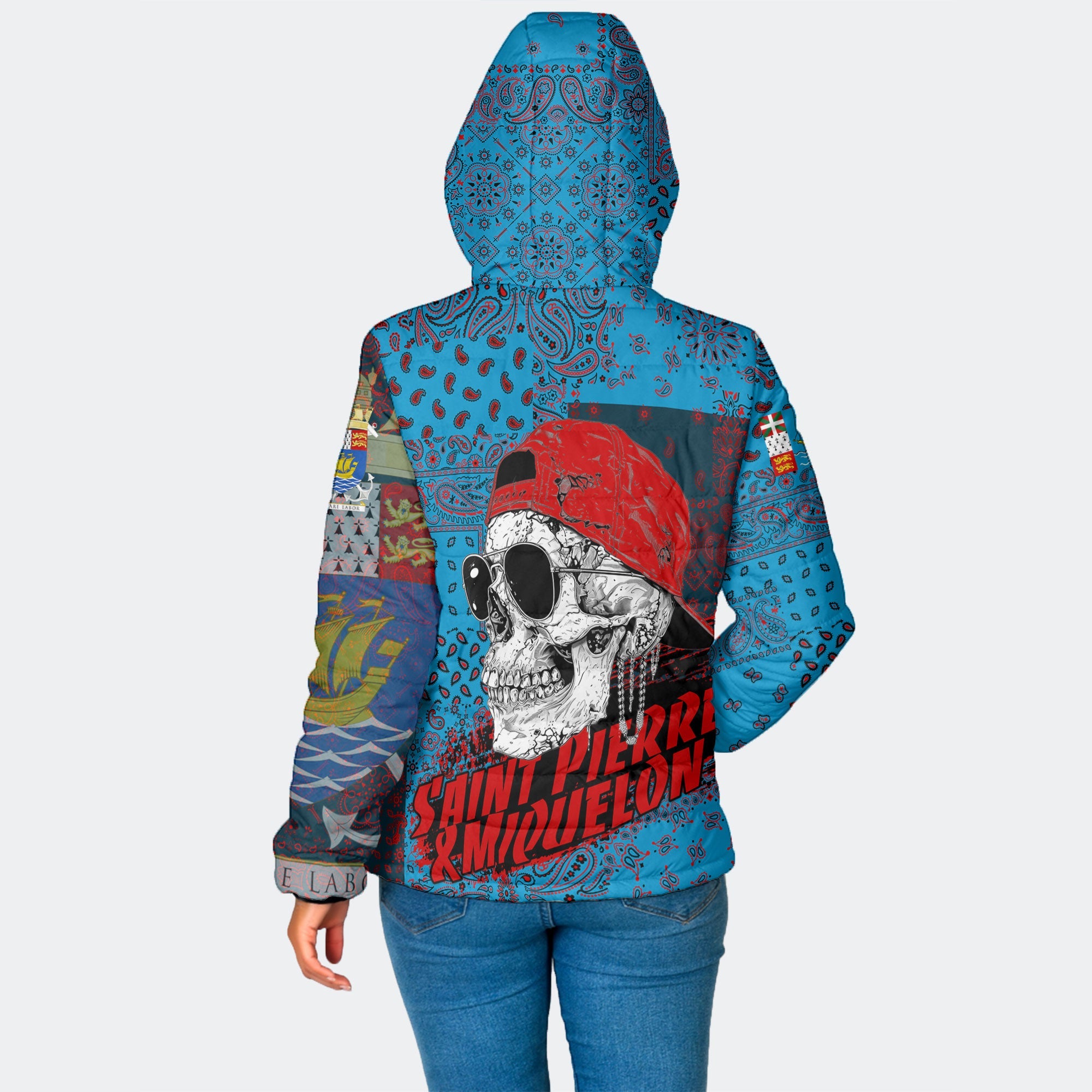 Saint Pierre And Miquelon Women Hooded Padded Jacket Paisley Flag And Skull Style 2