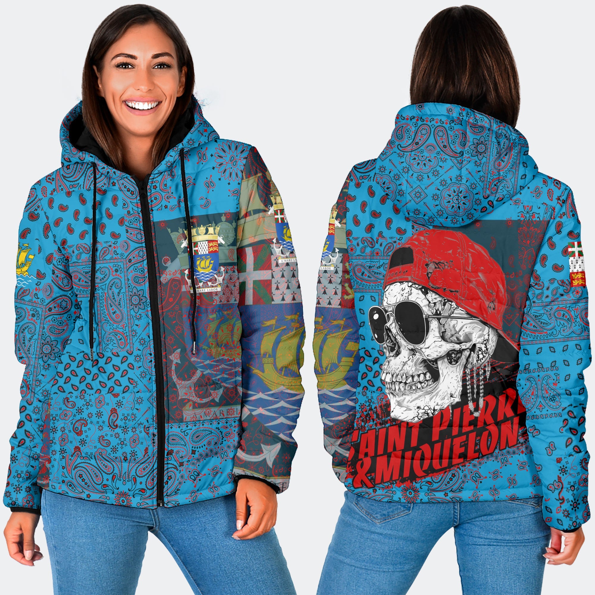 Saint Pierre And Miquelon Women Hooded Padded Jacket Paisley Flag And Skull Style 3