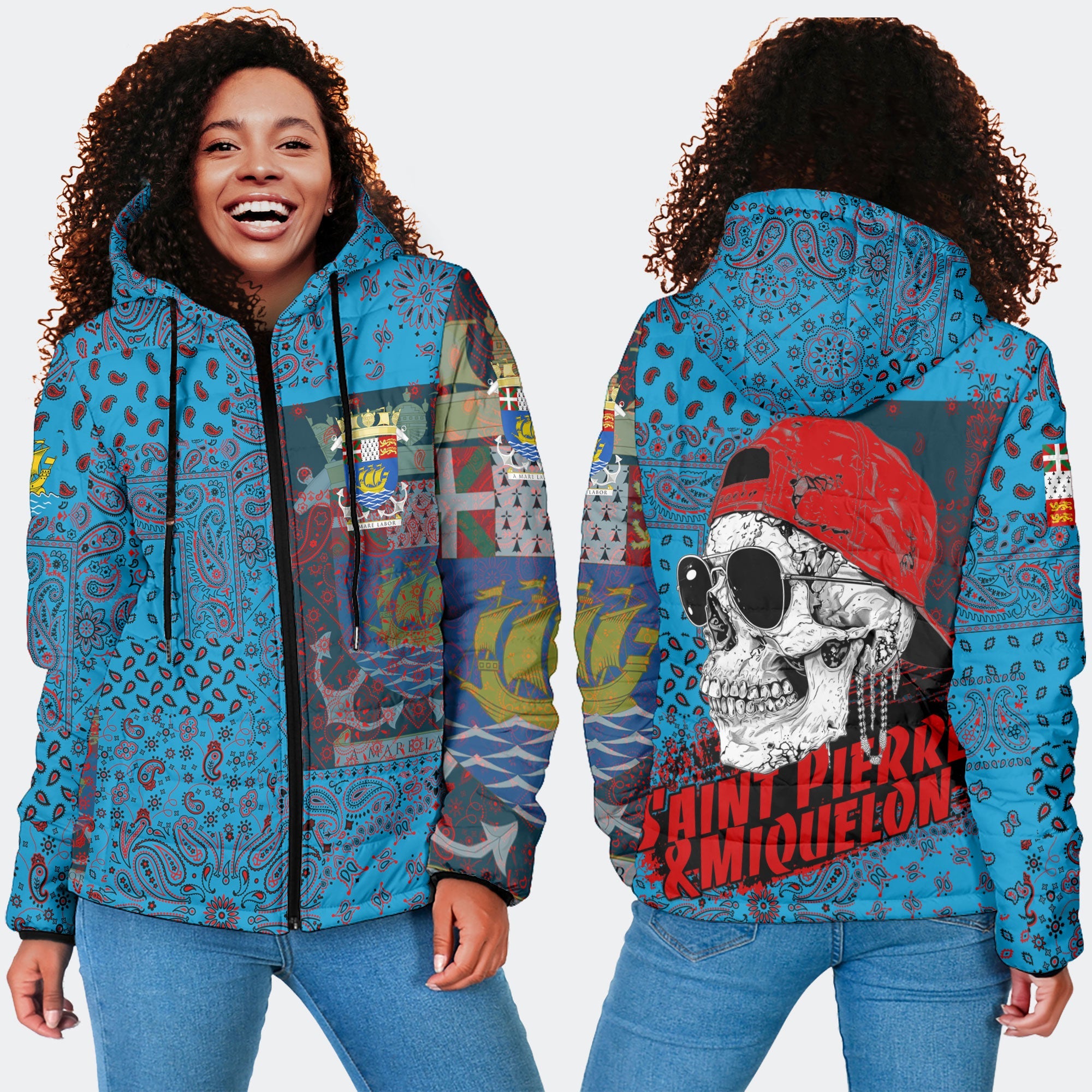 Saint Pierre And Miquelon Women Hooded Padded Jacket Paisley Flag And Skull Style 4