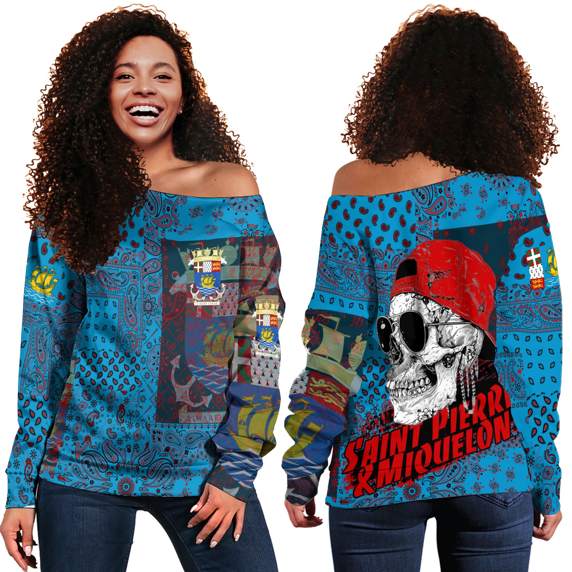 Saint Pierre And Miquelon Women Off Shoulder Sweatshirt Paisley Flag And Skull Style 1