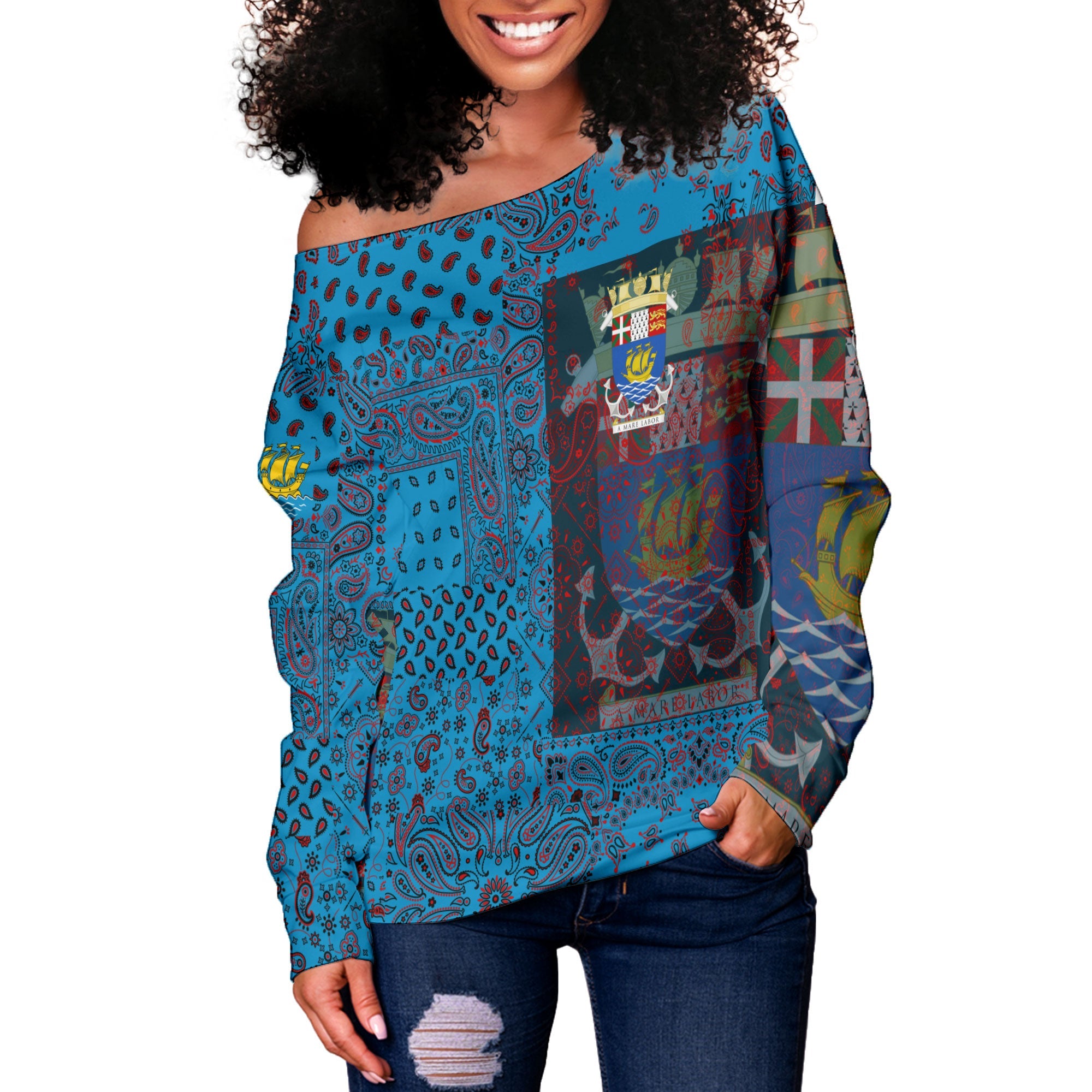 Saint Pierre And Miquelon Women Off Shoulder Sweatshirt Paisley Flag And Skull Style 2