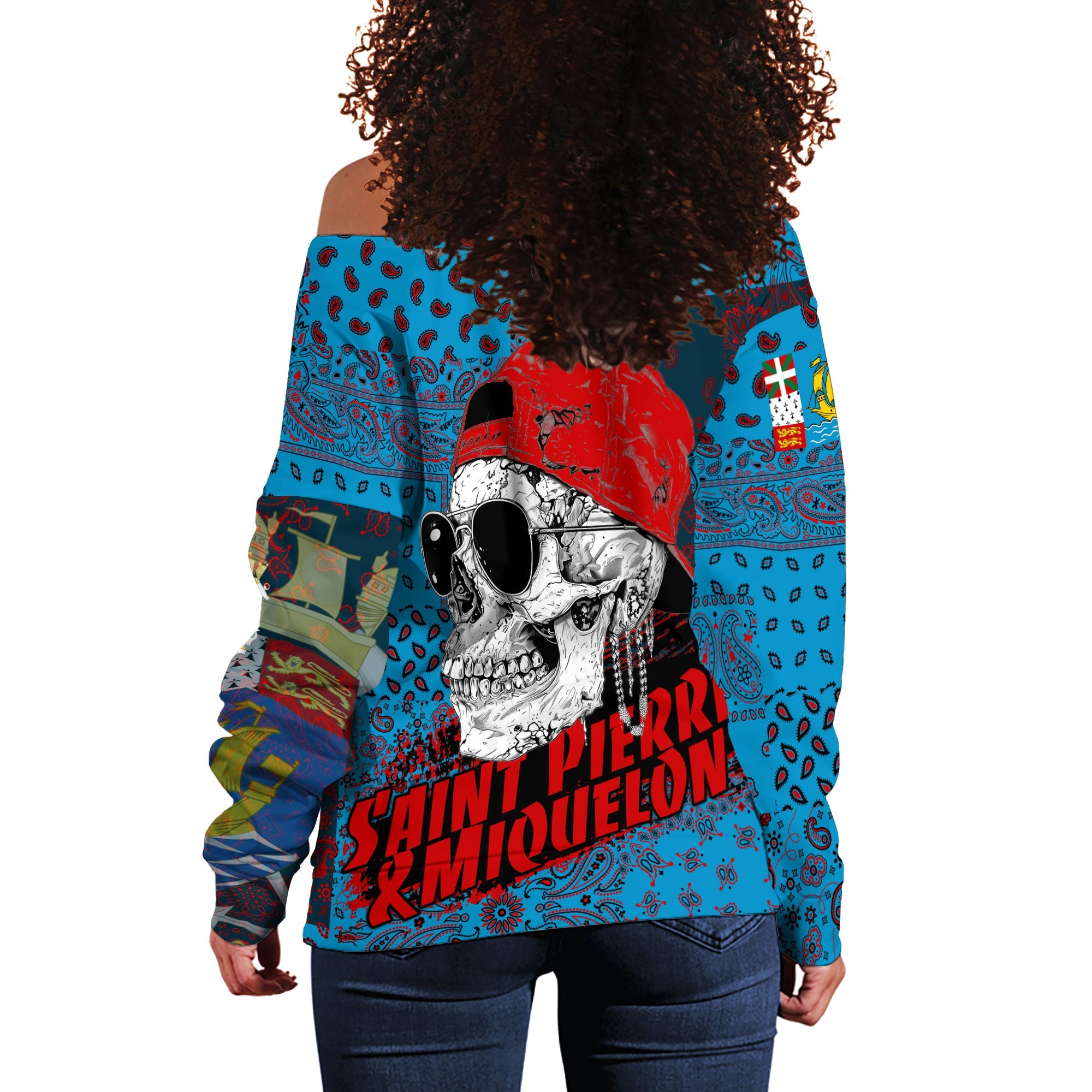 Saint Pierre And Miquelon Women Off Shoulder Sweatshirt Paisley Flag And Skull Style 3