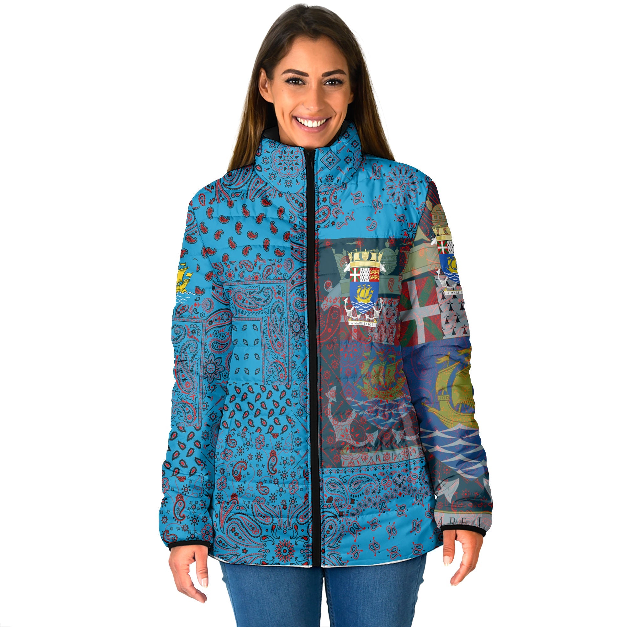 Saint Pierre And Miquelon Women Padded Jacket Paisley Flag And Skull Style 1