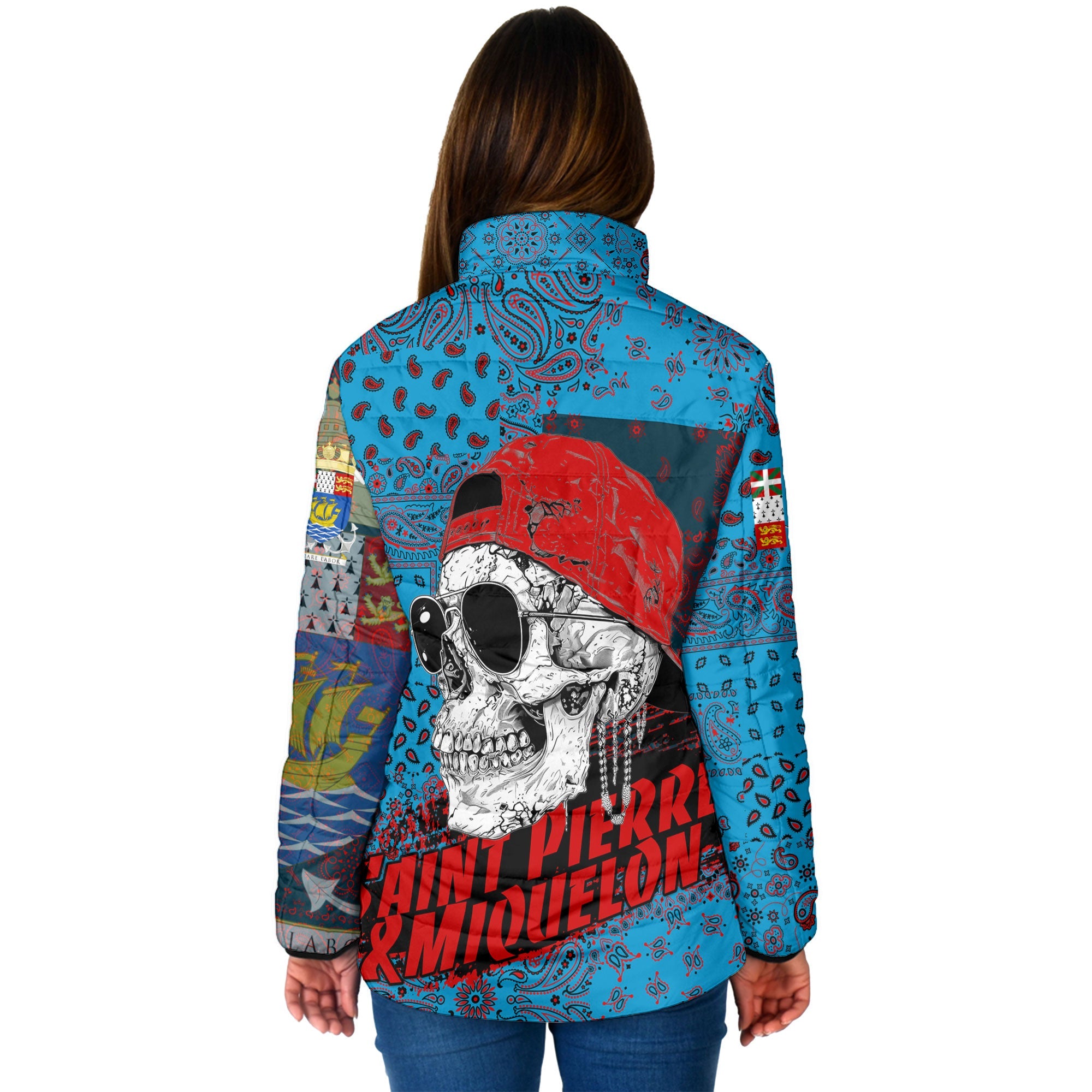 Saint Pierre And Miquelon Women Padded Jacket Paisley Flag And Skull Style 2