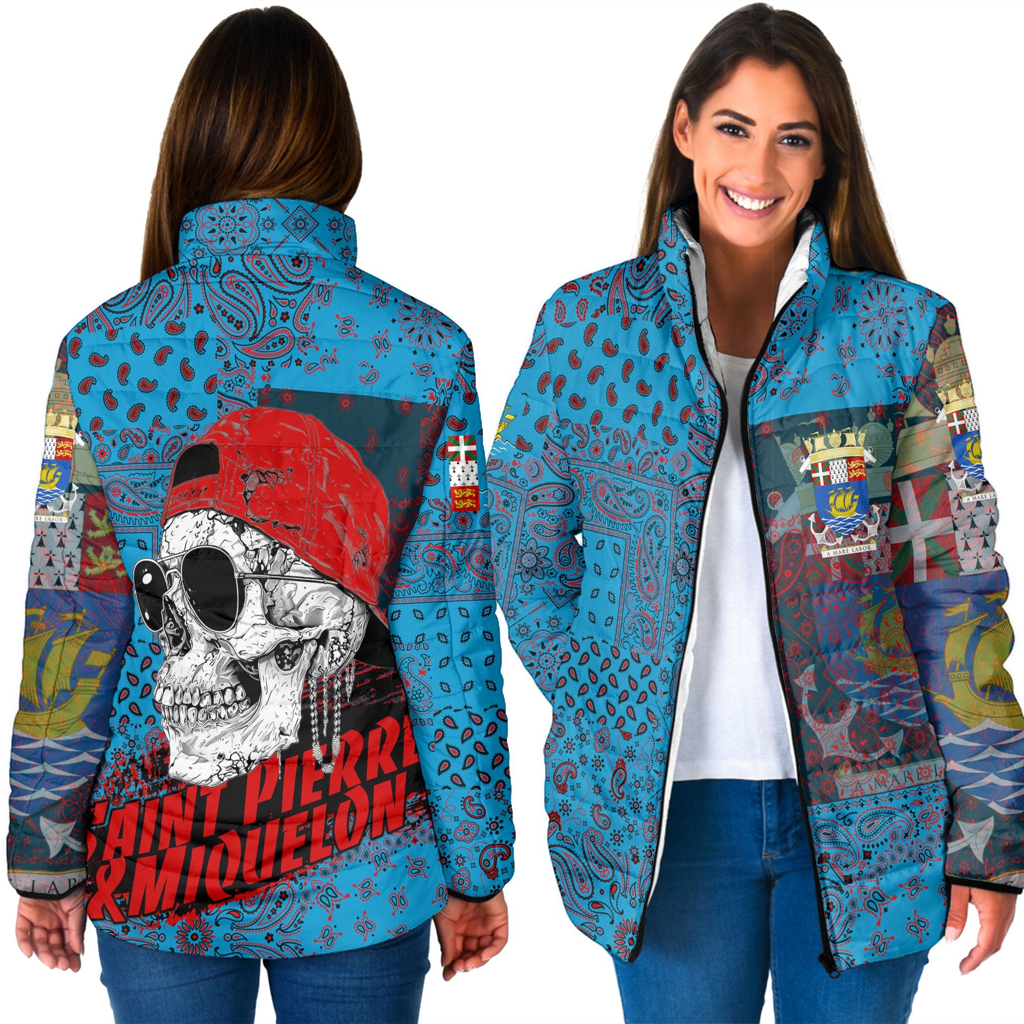 Saint Pierre And Miquelon Women Padded Jacket Paisley Flag And Skull Style 3