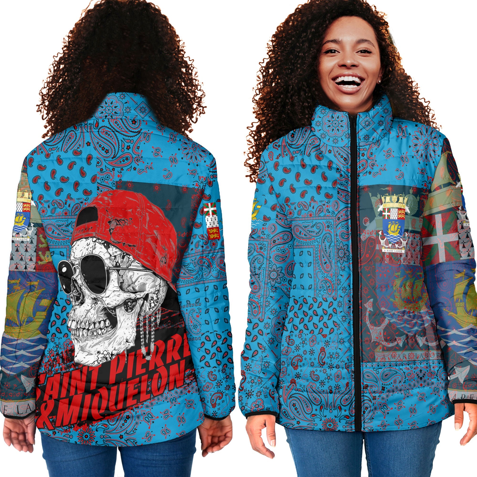 Saint Pierre And Miquelon Women Padded Jacket Paisley Flag And Skull Style 4