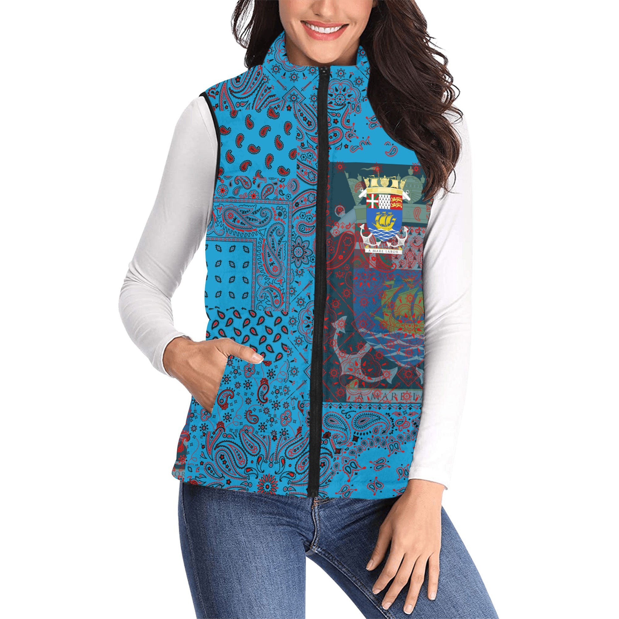 Saint Pierre And Miquelon Women Padded Jacket Vest Paisley Flag And Skull Style 1