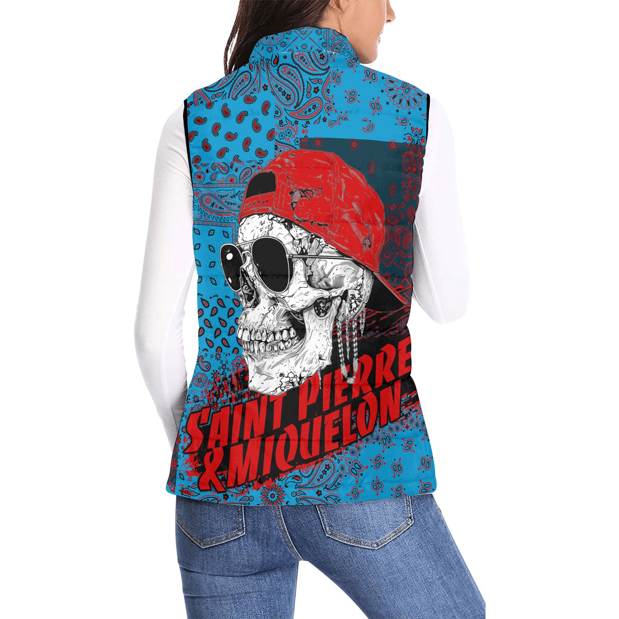 Saint Pierre And Miquelon Women Padded Jacket Vest Paisley Flag And Skull Style 2