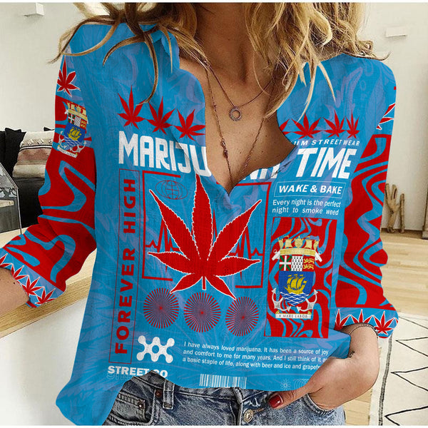 Saint Pierre and Miquelon Women Casual Shirt Flag & Coat Of Arms Marijuanas Style