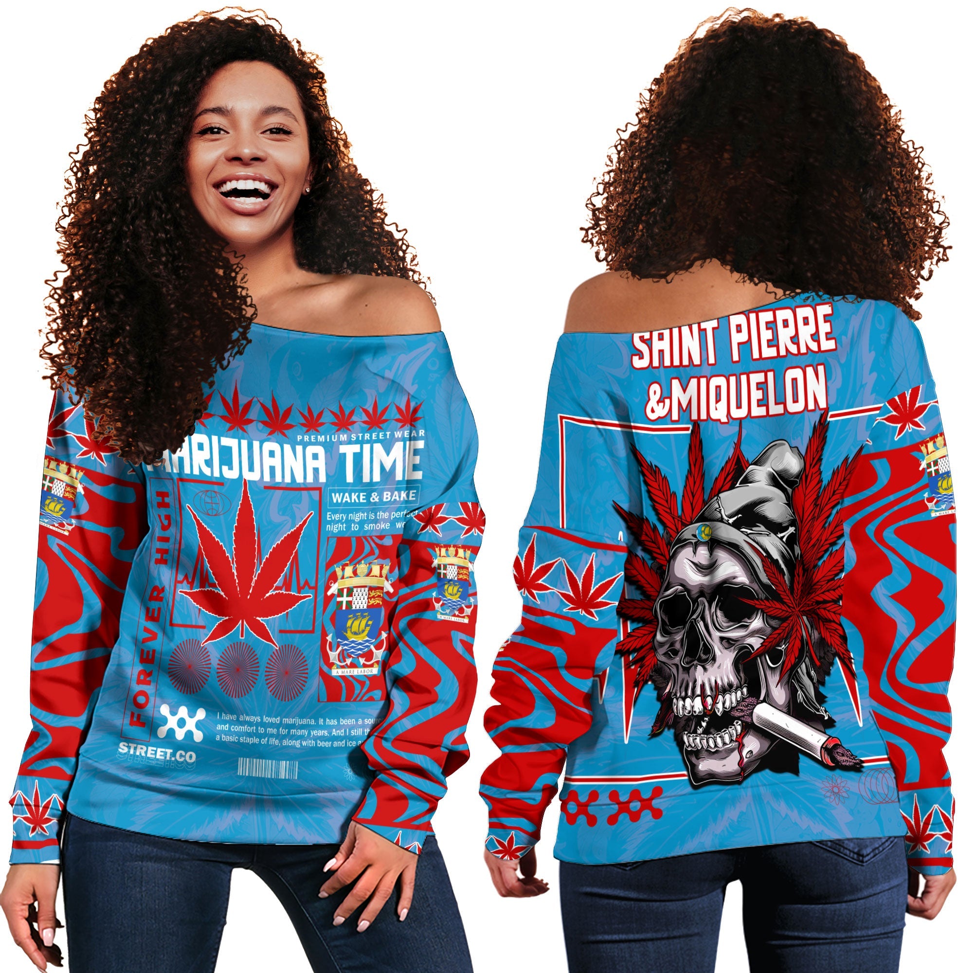 Saint Pierre and Miquelon Women Off Shoulder Sweatshirt Flag & Coat Of Arms Marijuanas Style