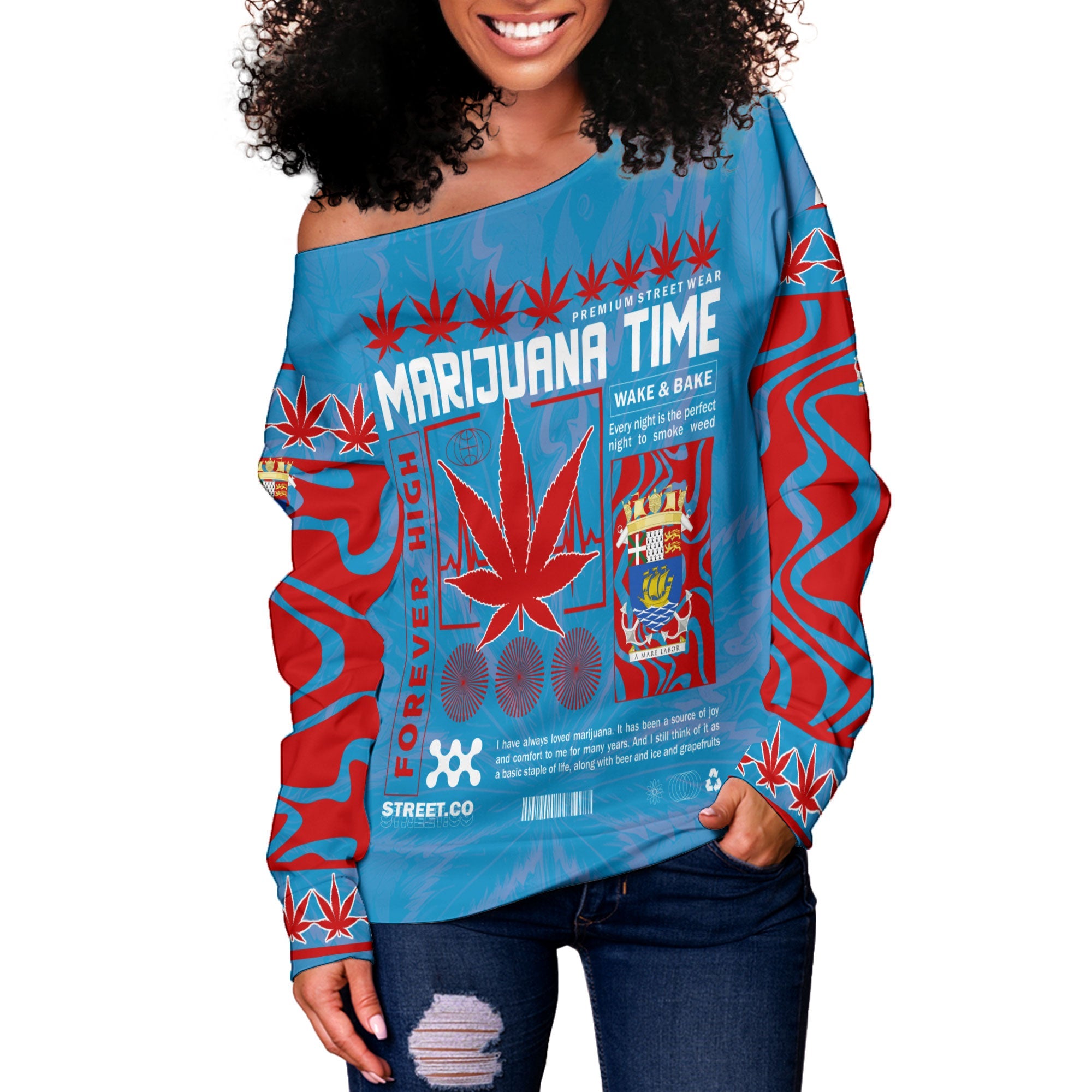 Saint Pierre and Miquelon Women Off Shoulder Sweatshirt Flag & Coat Of Arms Marijuanas Style