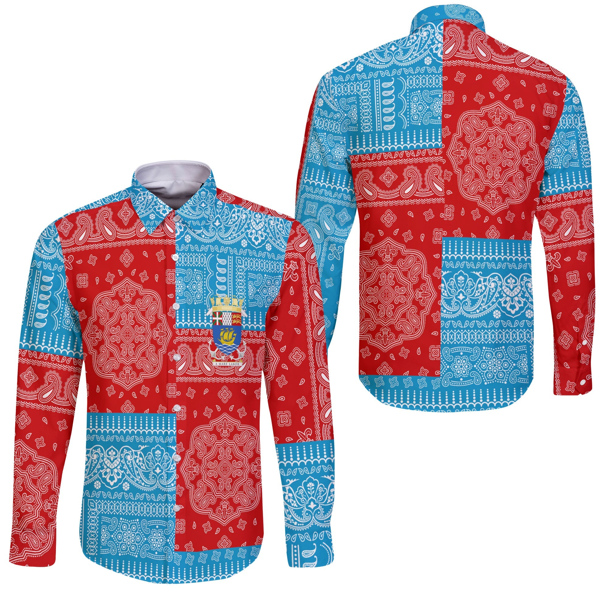 Saint Pierre And Miquelon Long Sleeve Button Shirt Flag And Paisley Basic Style 3