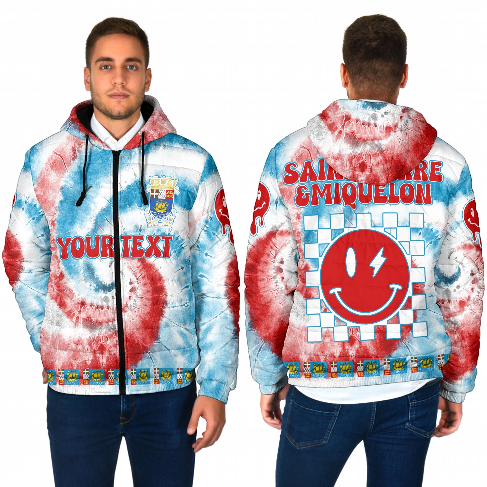 Saint Pierre And Miquelon Men Hooded Padded Jacket Custom Tie Dye Style 1