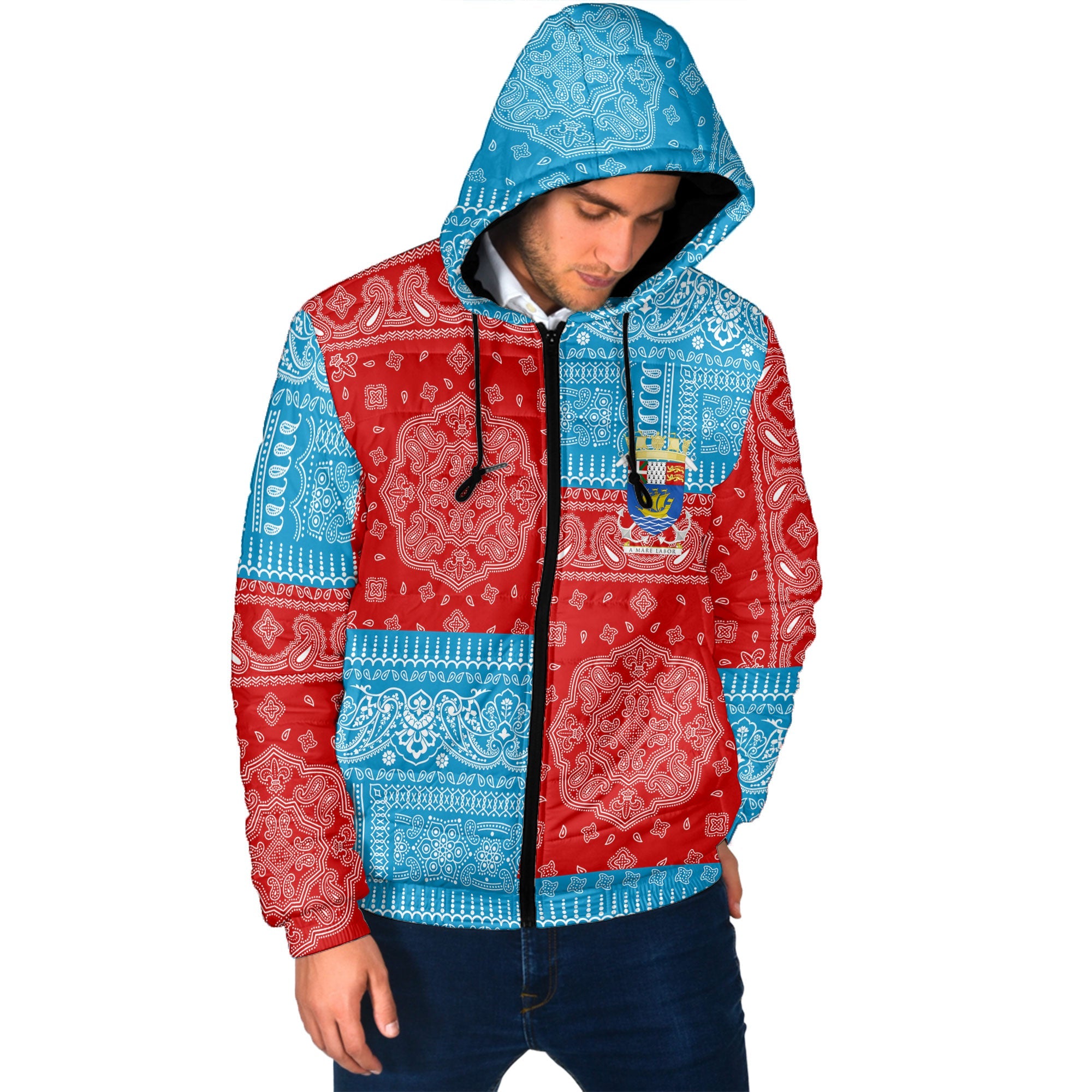 Saint Pierre And Miquelon Men Hooded Padded Jacket Flag And Paisley Basic Style 2