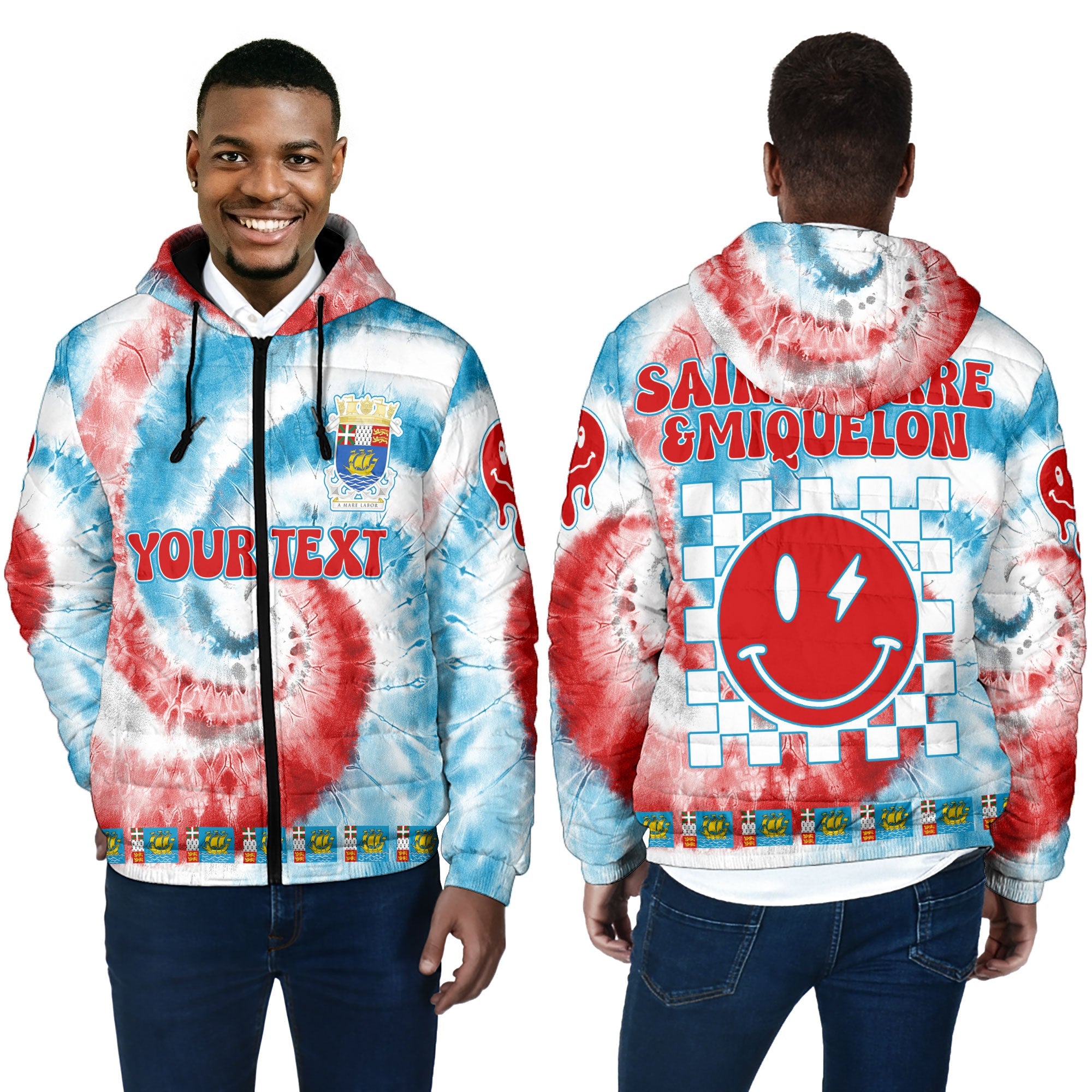 Saint Pierre And Miquelon Men Hooded Padded Jacket Custom Tie Dye Style 4