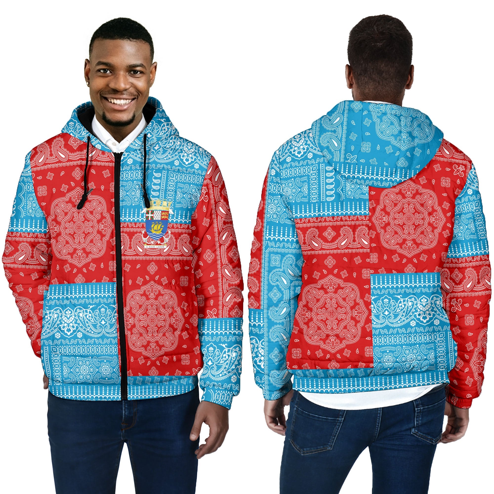 Saint Pierre And Miquelon Men Hooded Padded Jacket Flag And Paisley Basic Style 4