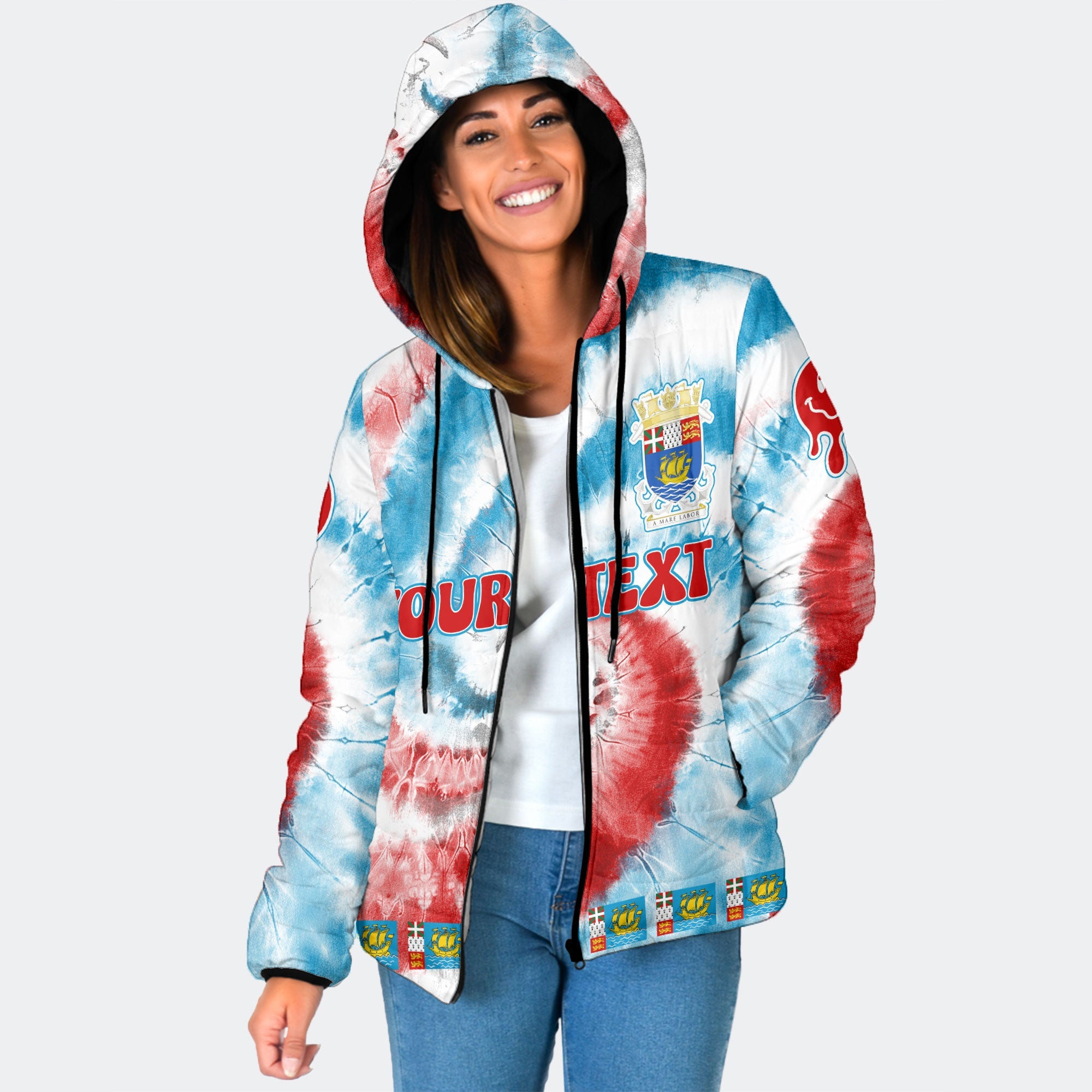 Saint Pierre And Miquelon Women Hooded Padded Jacket Custom Tie Dye Style 1