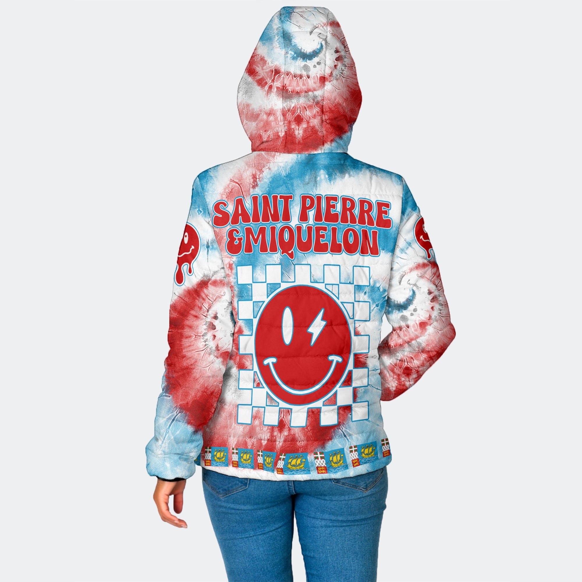 Saint Pierre And Miquelon Women Hooded Padded Jacket Custom Tie Dye Style 2