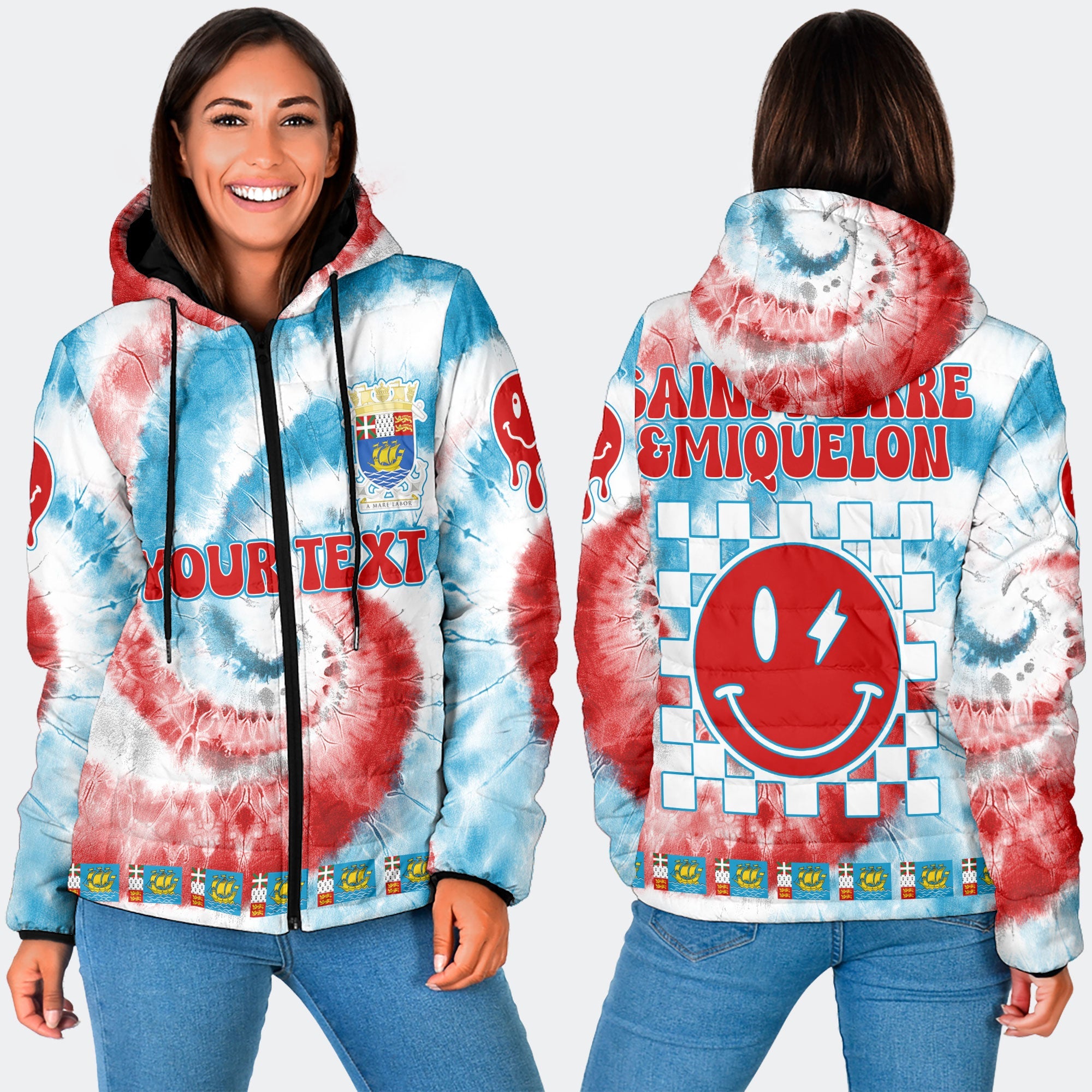 Saint Pierre And Miquelon Women Hooded Padded Jacket Custom Tie Dye Style 3