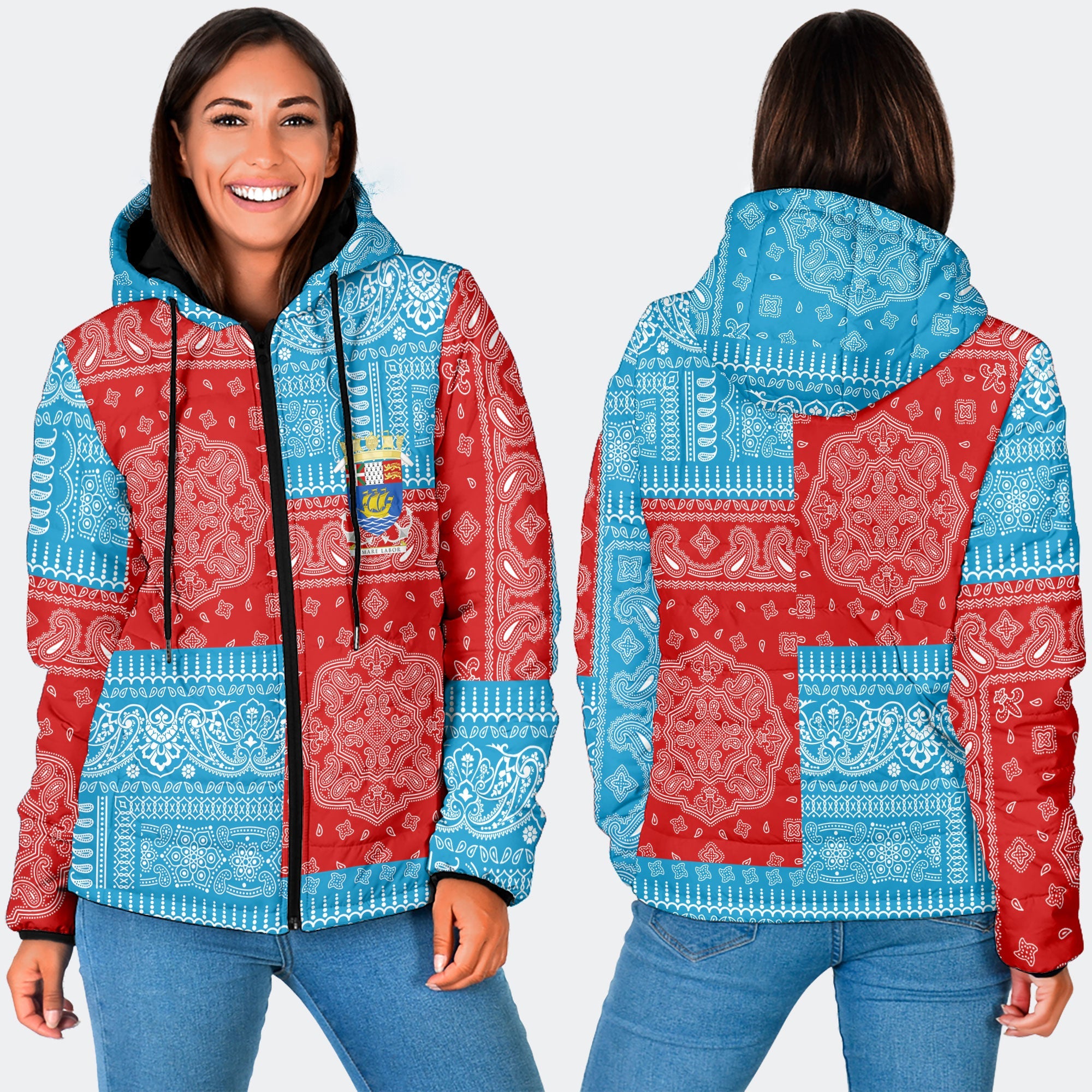 Saint Pierre And Miquelon Women Hooded Padded Jacket Flag And Paisley Basic Style 3