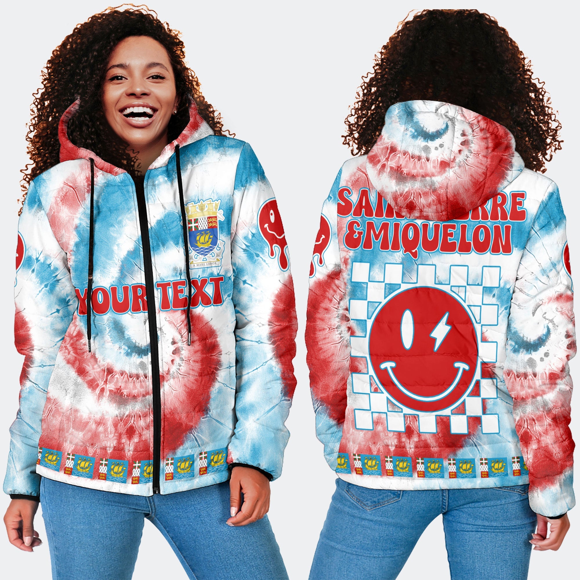 Saint Pierre And Miquelon Women Hooded Padded Jacket Custom Tie Dye Style 4