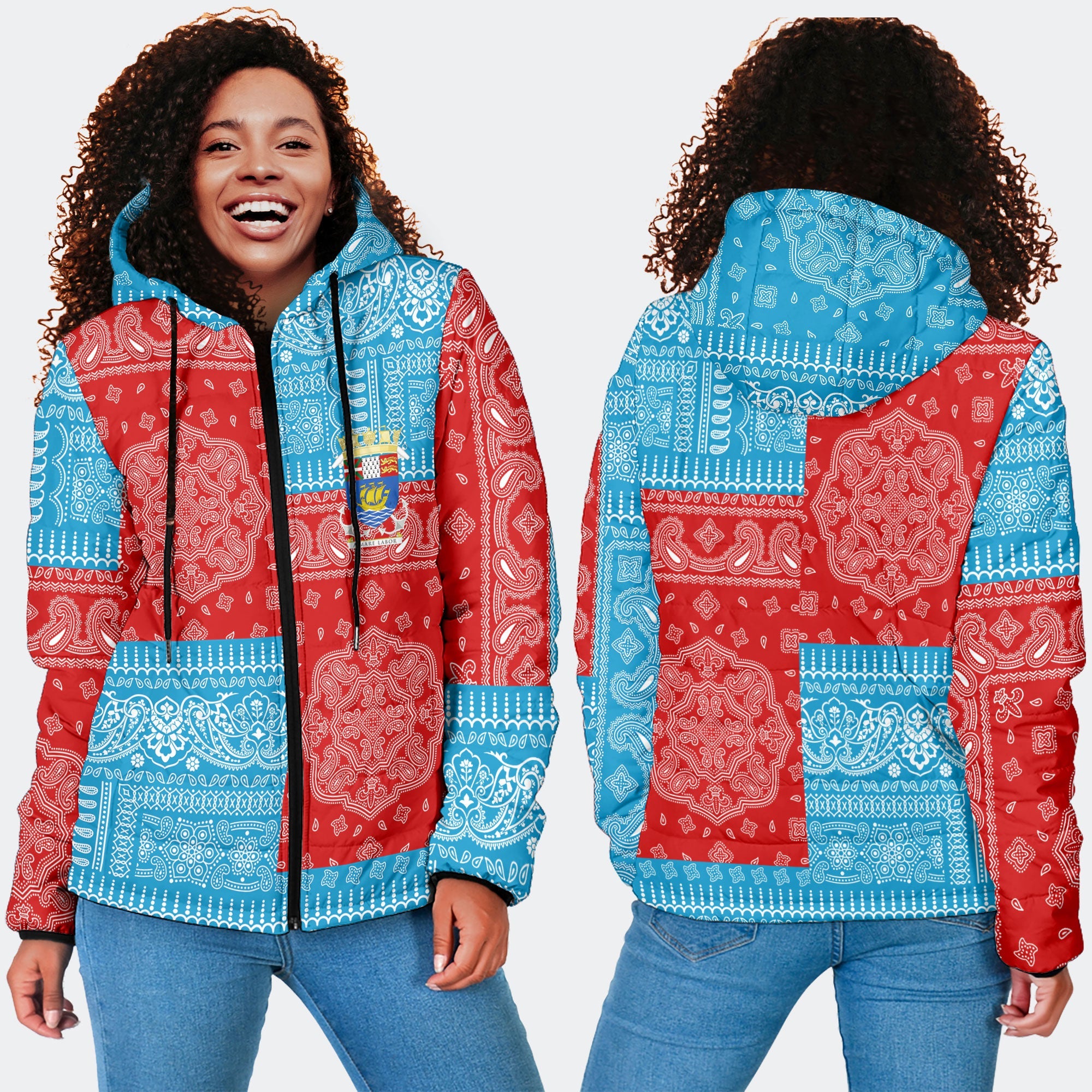 Saint Pierre And Miquelon Women Hooded Padded Jacket Flag And Paisley Basic Style 4