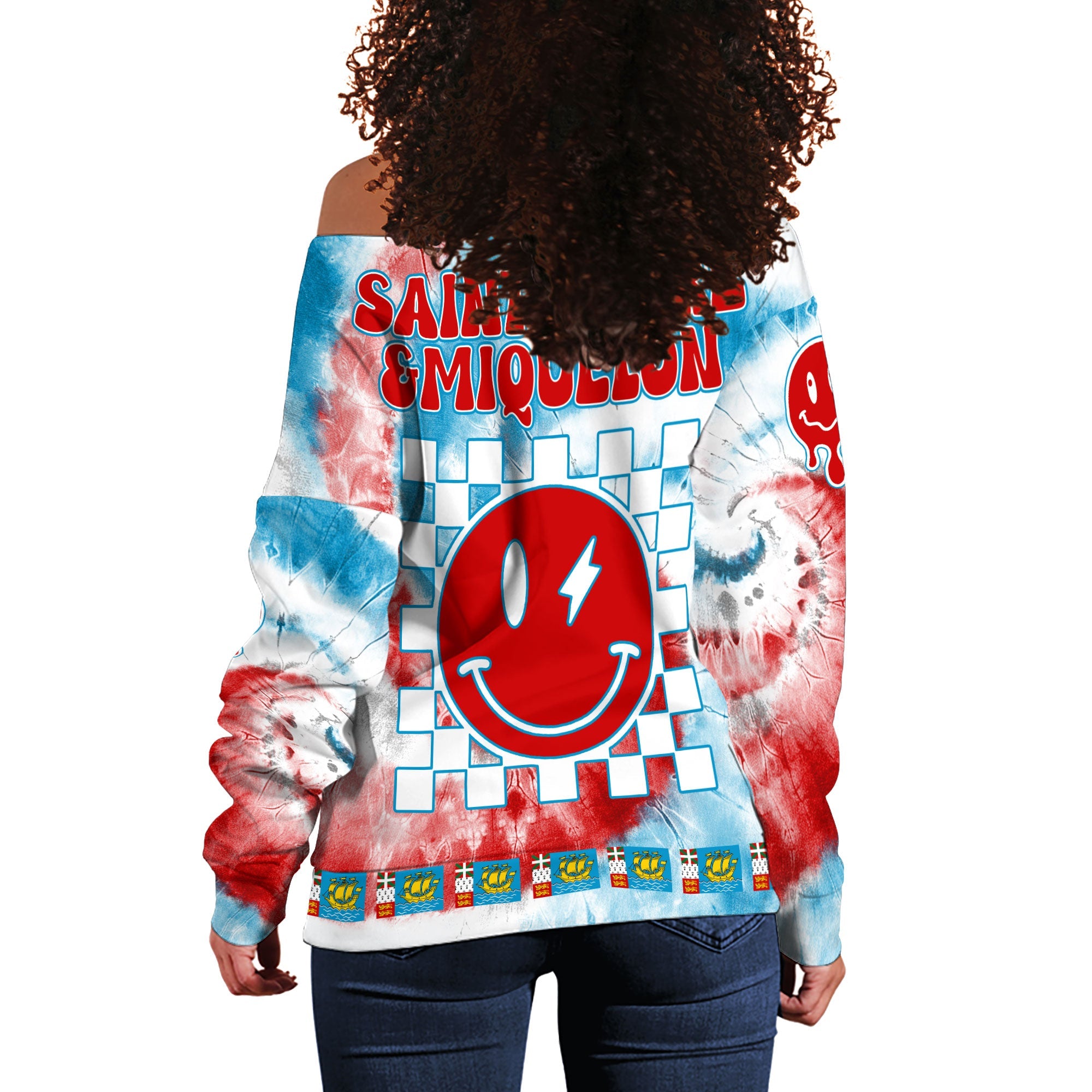 Saint Pierre And Miquelon Women Off Shoulder Sweatshirt Custom Tie Dye Style 1